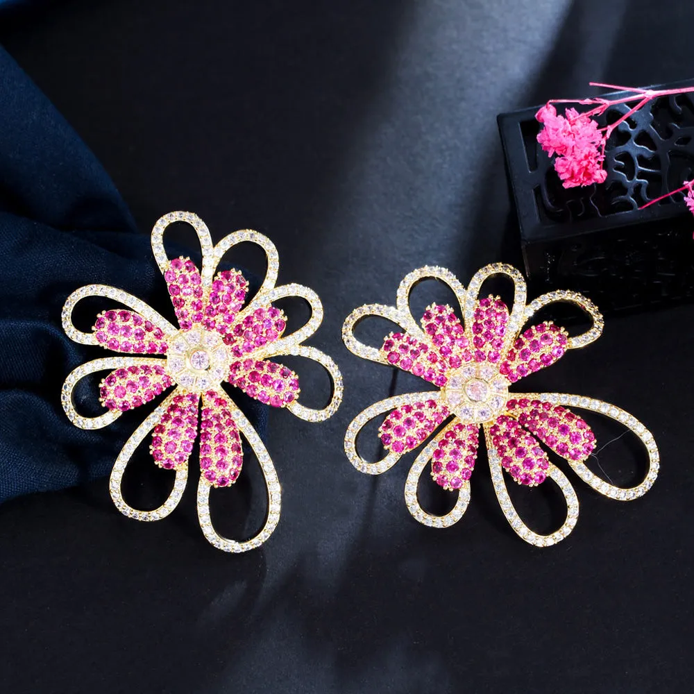 Big Rose Red Flower CZ Zircon Yellow Gold Statement Drop Earrings