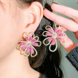 Big Rose Red Flower CZ Zircon Yellow Gold Statement Drop Earrings