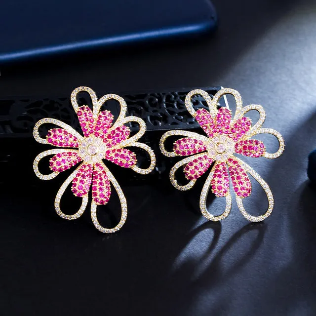 Big Rose Red Flower CZ Zircon Yellow Gold Statement Drop Earrings