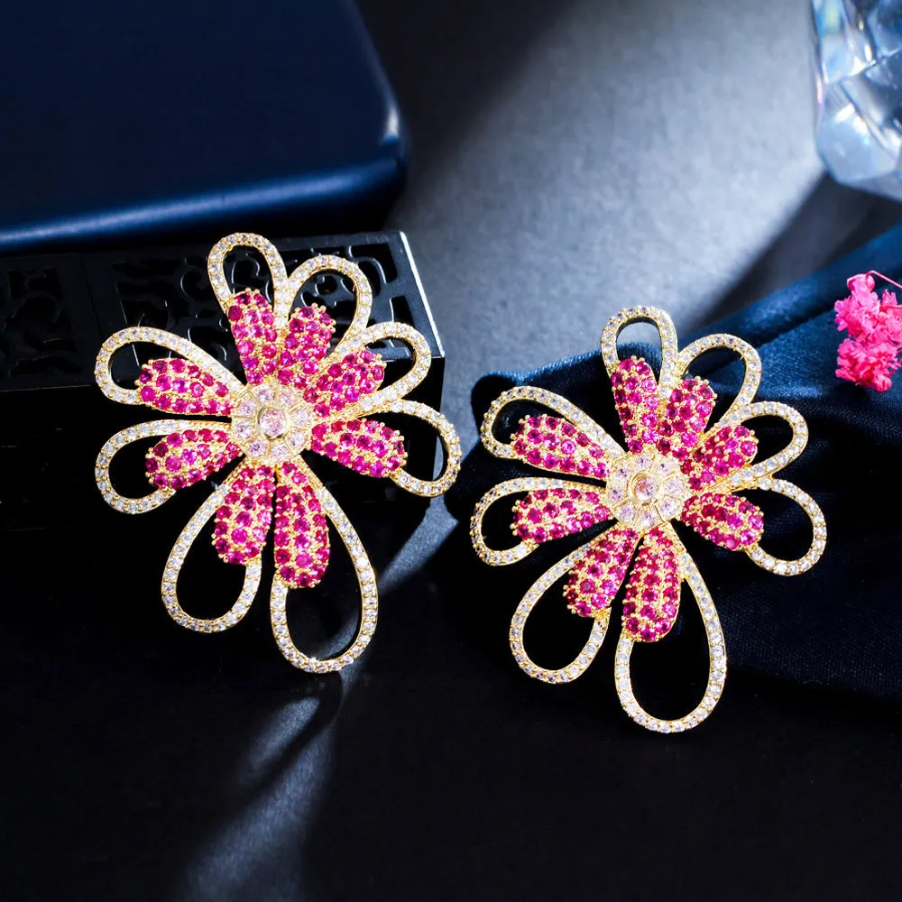 Big Rose Red Flower CZ Zircon Yellow Gold Statement Drop Earrings