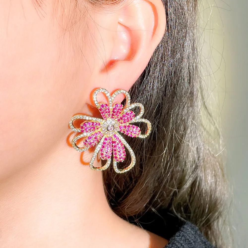 Big Rose Red Flower CZ Zircon Yellow Gold Statement Drop Earrings