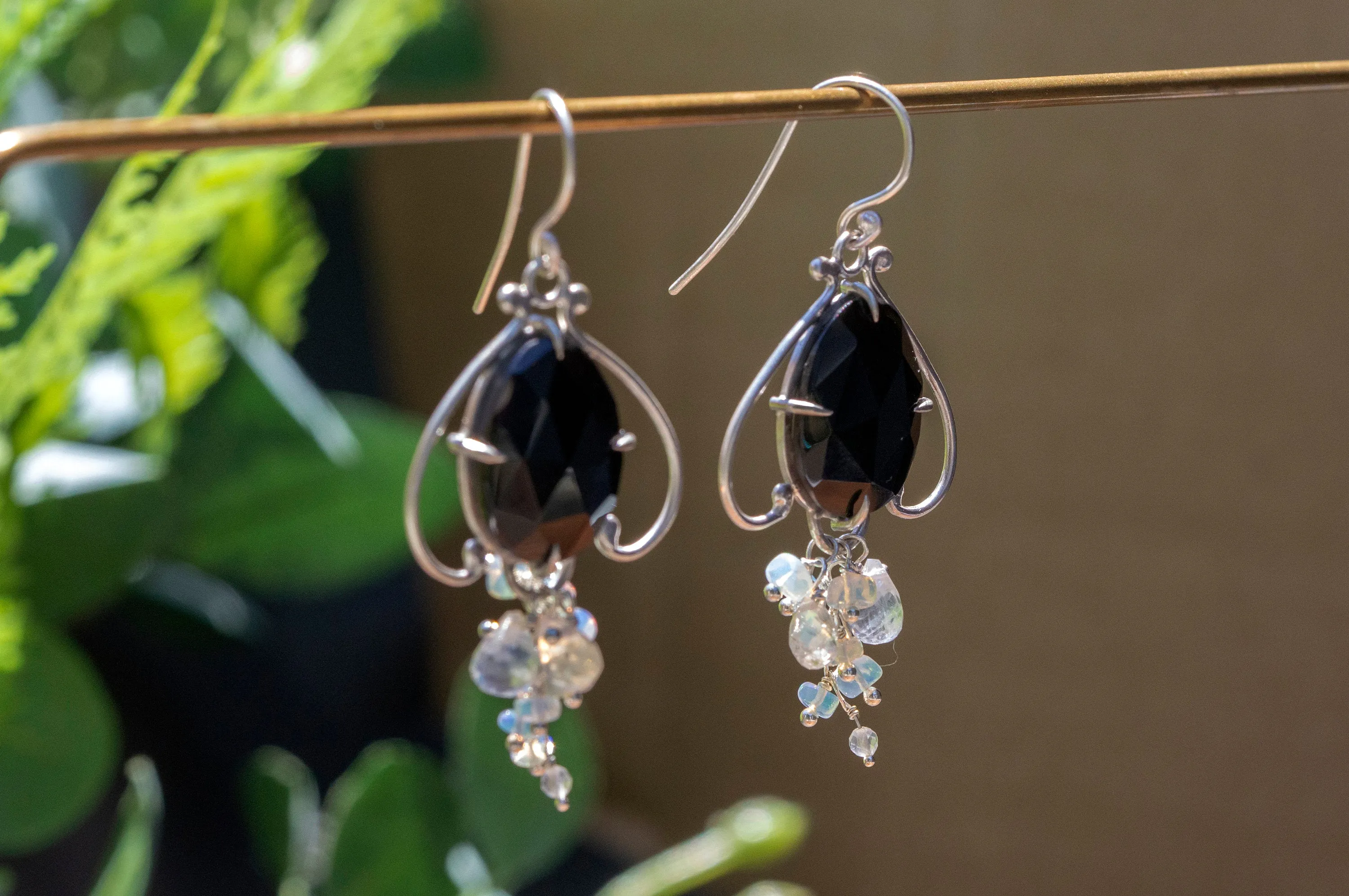 Black agate and opal bell flower dangle earrings