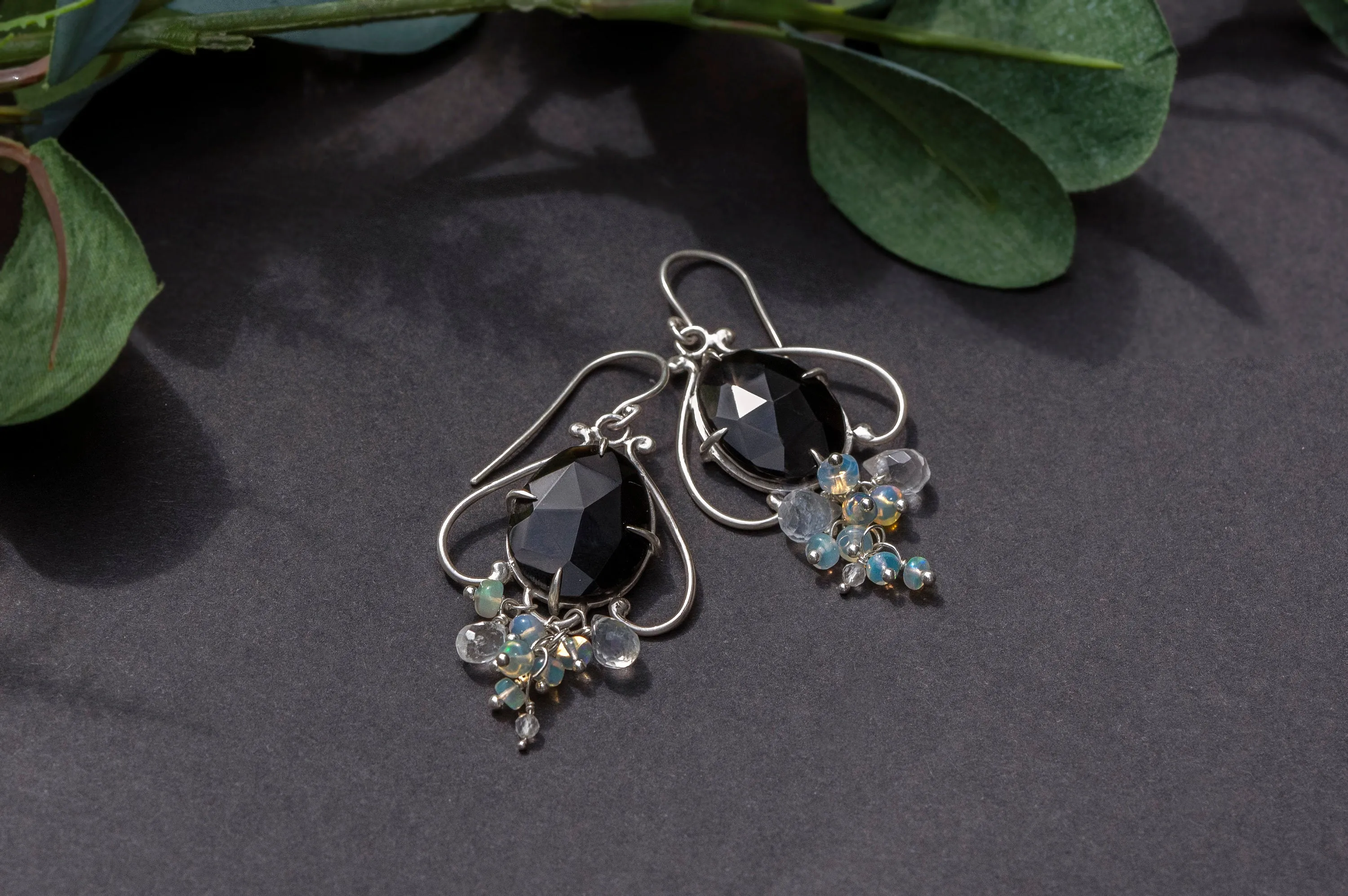 Black agate and opal bell flower dangle earrings