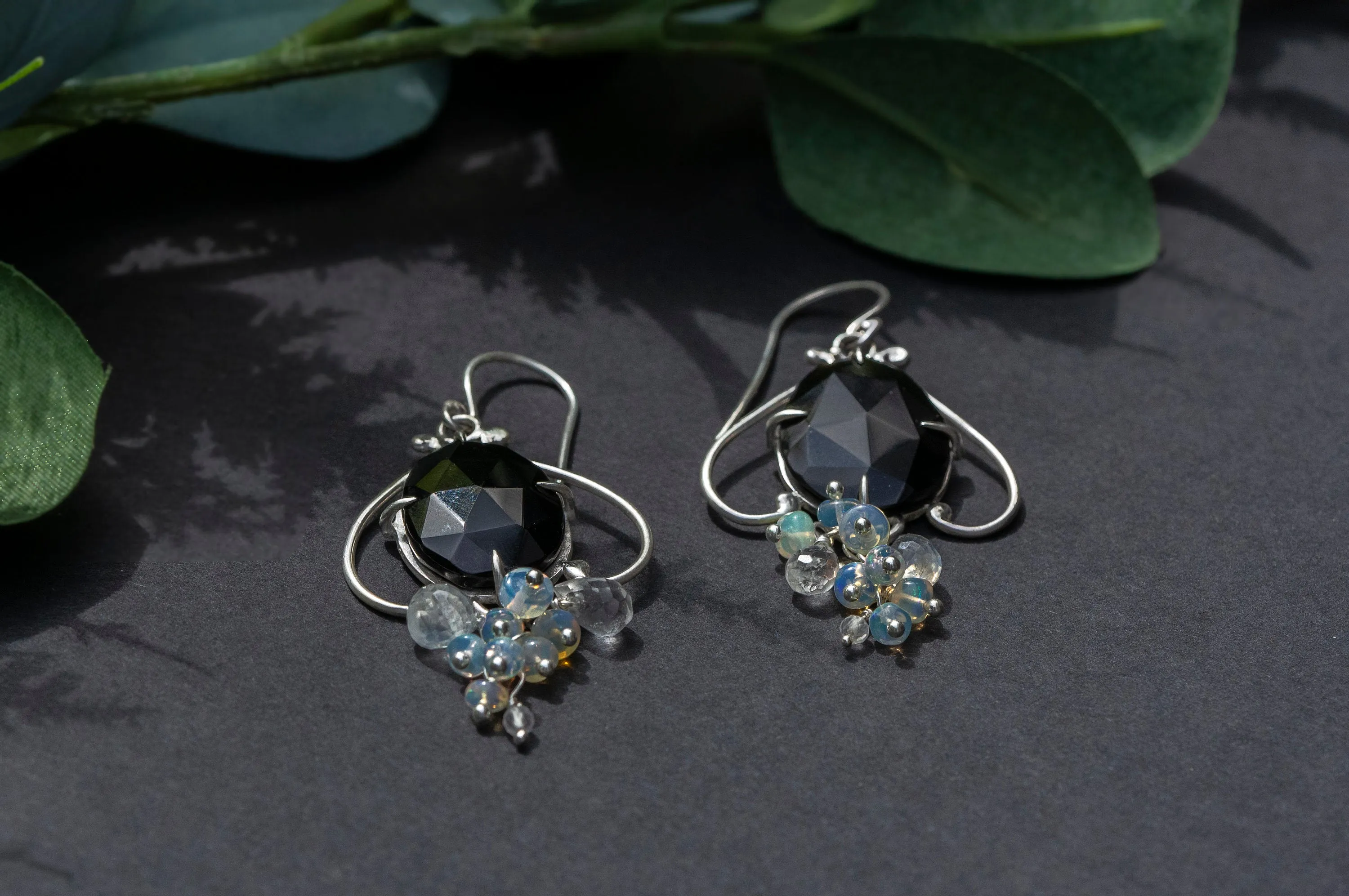 Black agate and opal bell flower dangle earrings