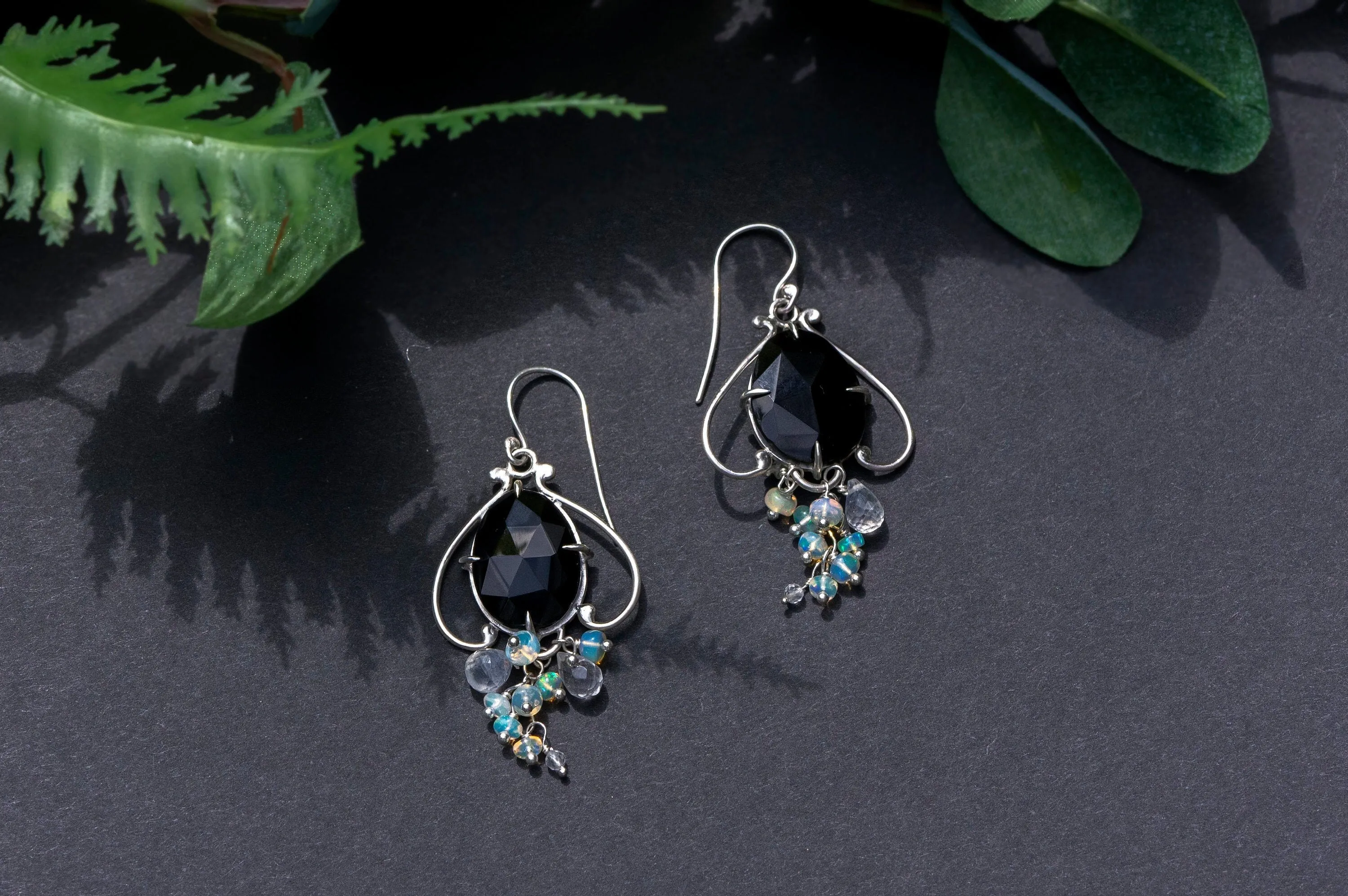 Black agate and opal bell flower dangle earrings