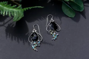 Black agate and opal bell flower dangle earrings