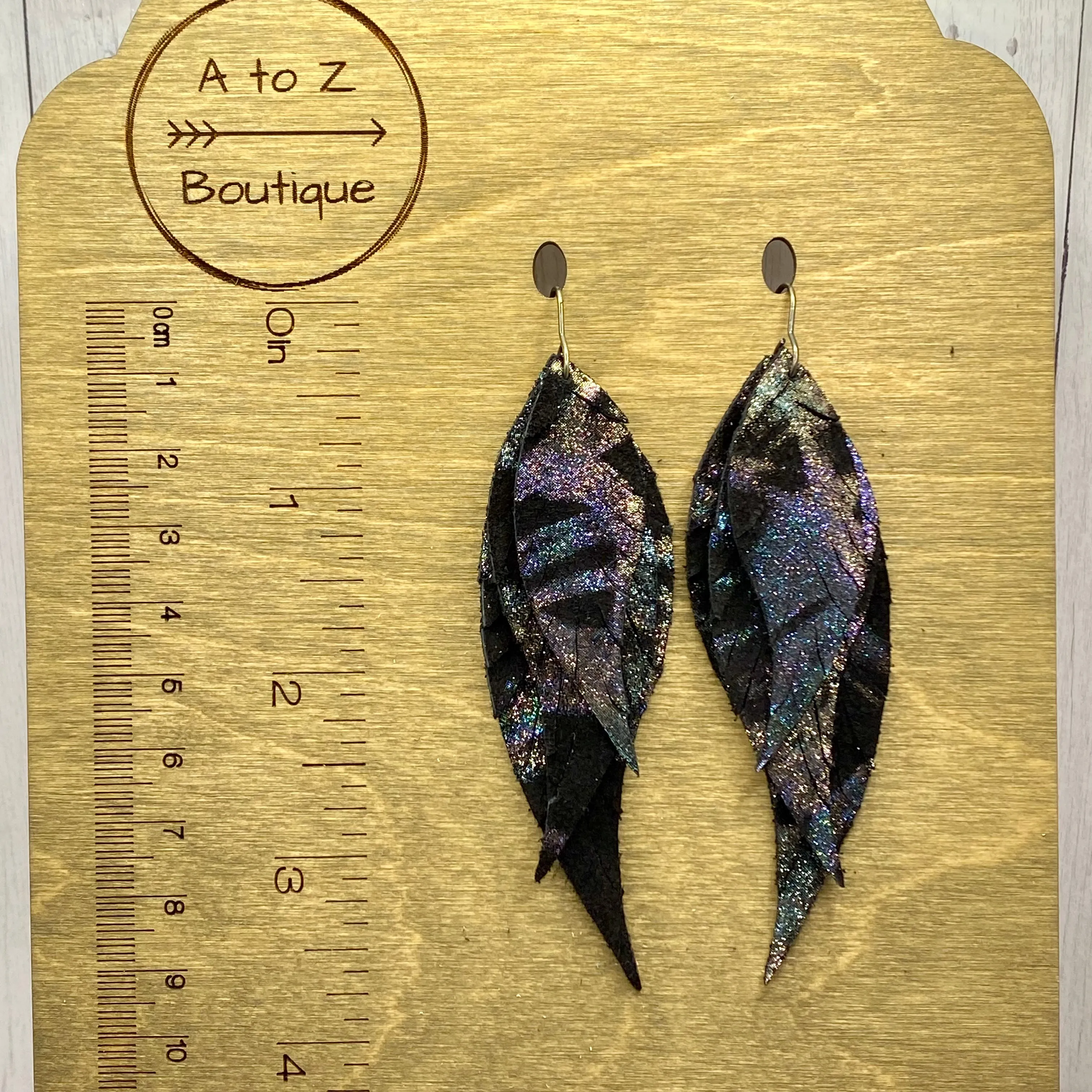 Black and Iridescent Leather Feather Earrings