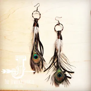 Black Deer Skin Leather Tassel Earring Peacock Feather