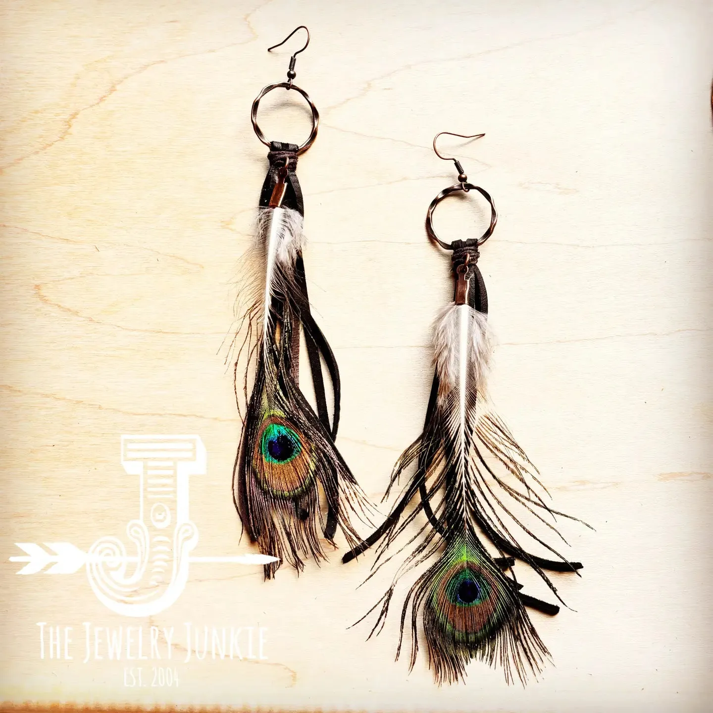 Black Deer Skin Leather Tassel Earring Peacock Feather