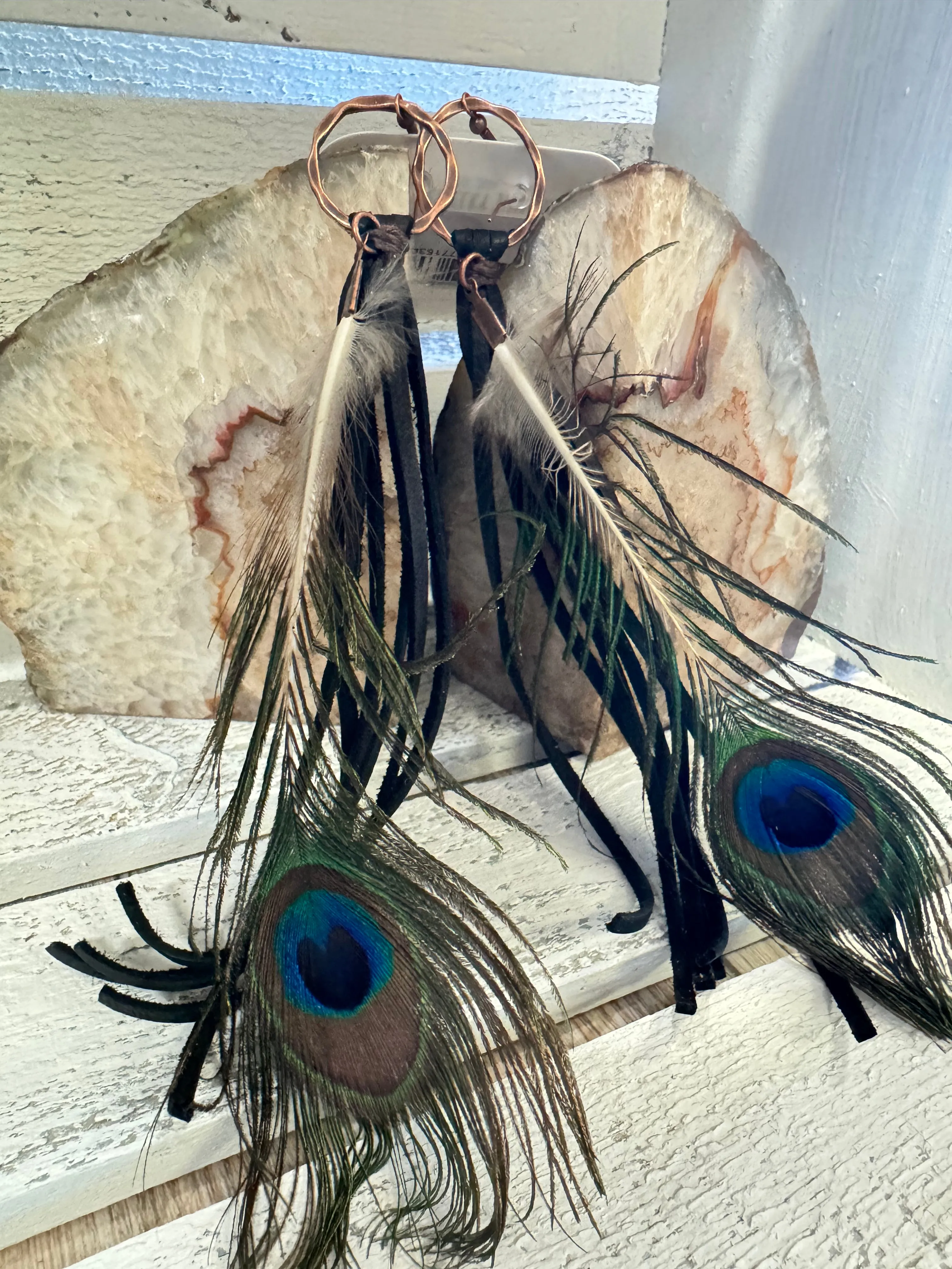 Black Deer Skin Leather Tassel Earring Peacock Feather
