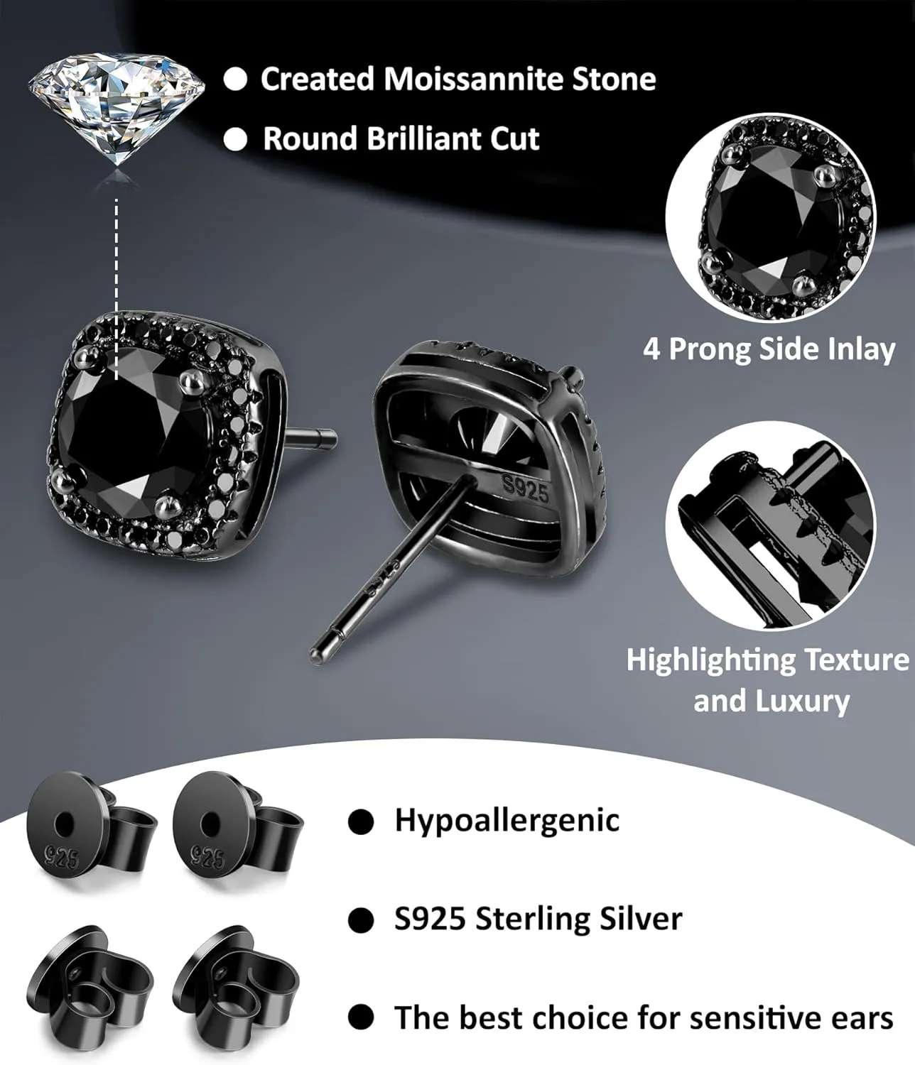 Black Moissanite Stud Earrings for Men Women 2CT Moissanite Studs 925 Sterling Silver Earrings with Certificate of Authenticity Gifts for Men