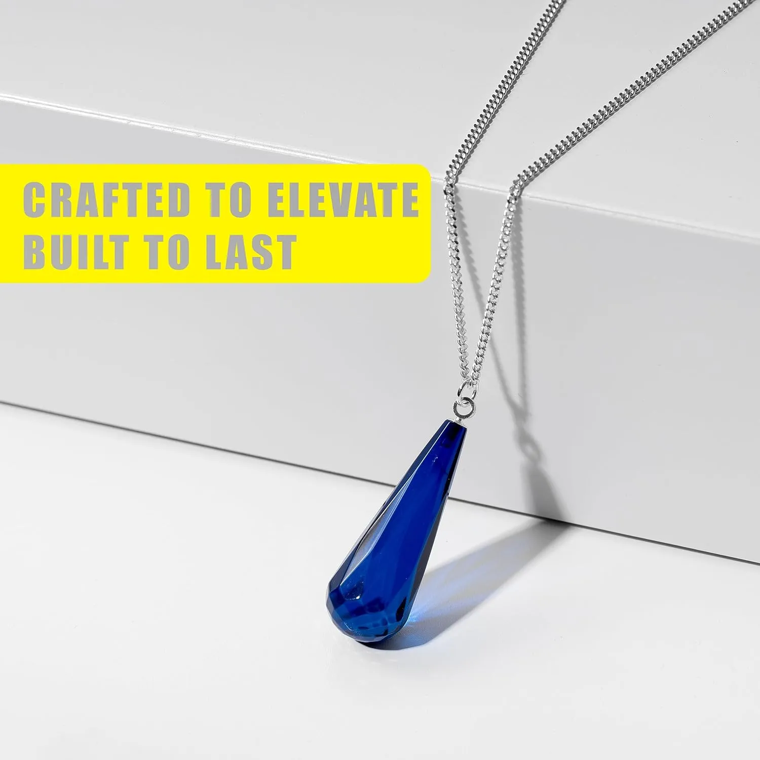 Blue Amber Pendant Necklace for Women, Gold Plated Sterling Silver Chain, Dark Blue Gemstone Drop Pendant, Dainty Ladies Jewelry