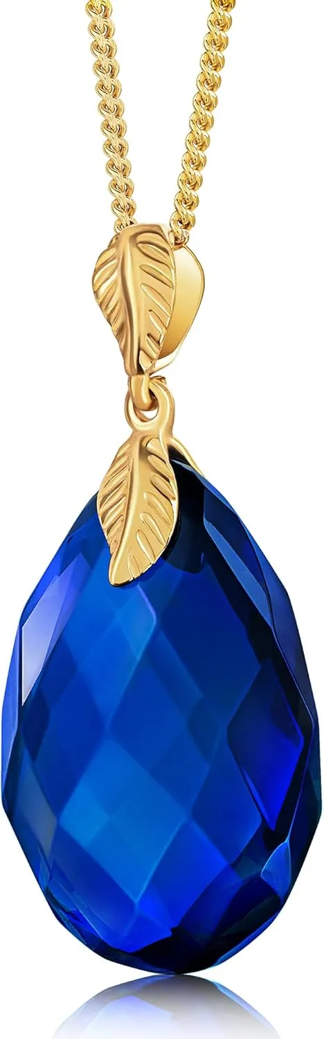 Blue Amber Pendant Necklace for Women, Gold Plated Sterling Silver Chain, Dark Blue Gemstone Drop Pendant, Dainty Ladies Jewelry