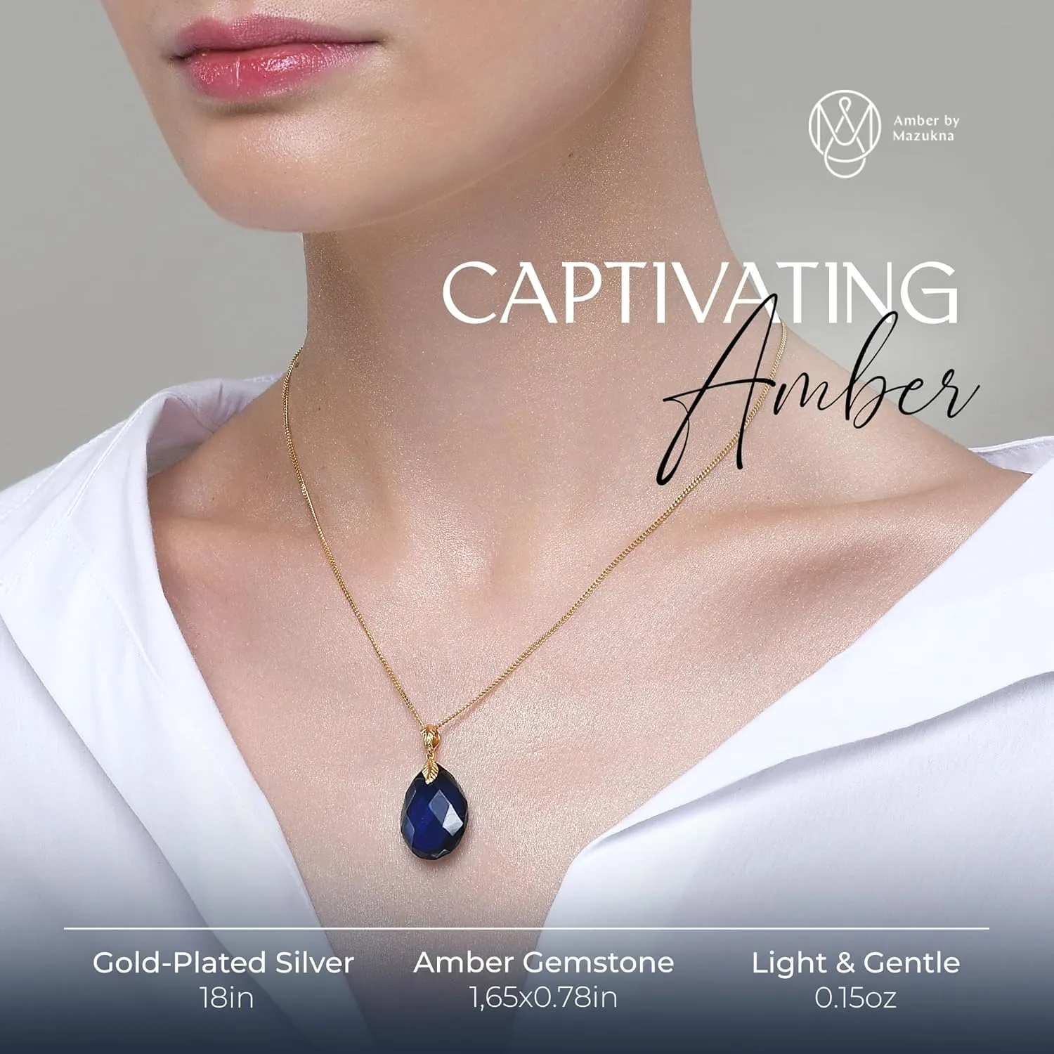 Blue Amber Pendant Necklace for Women, Gold Plated Sterling Silver Chain, Dark Blue Gemstone Drop Pendant, Dainty Ladies Jewelry