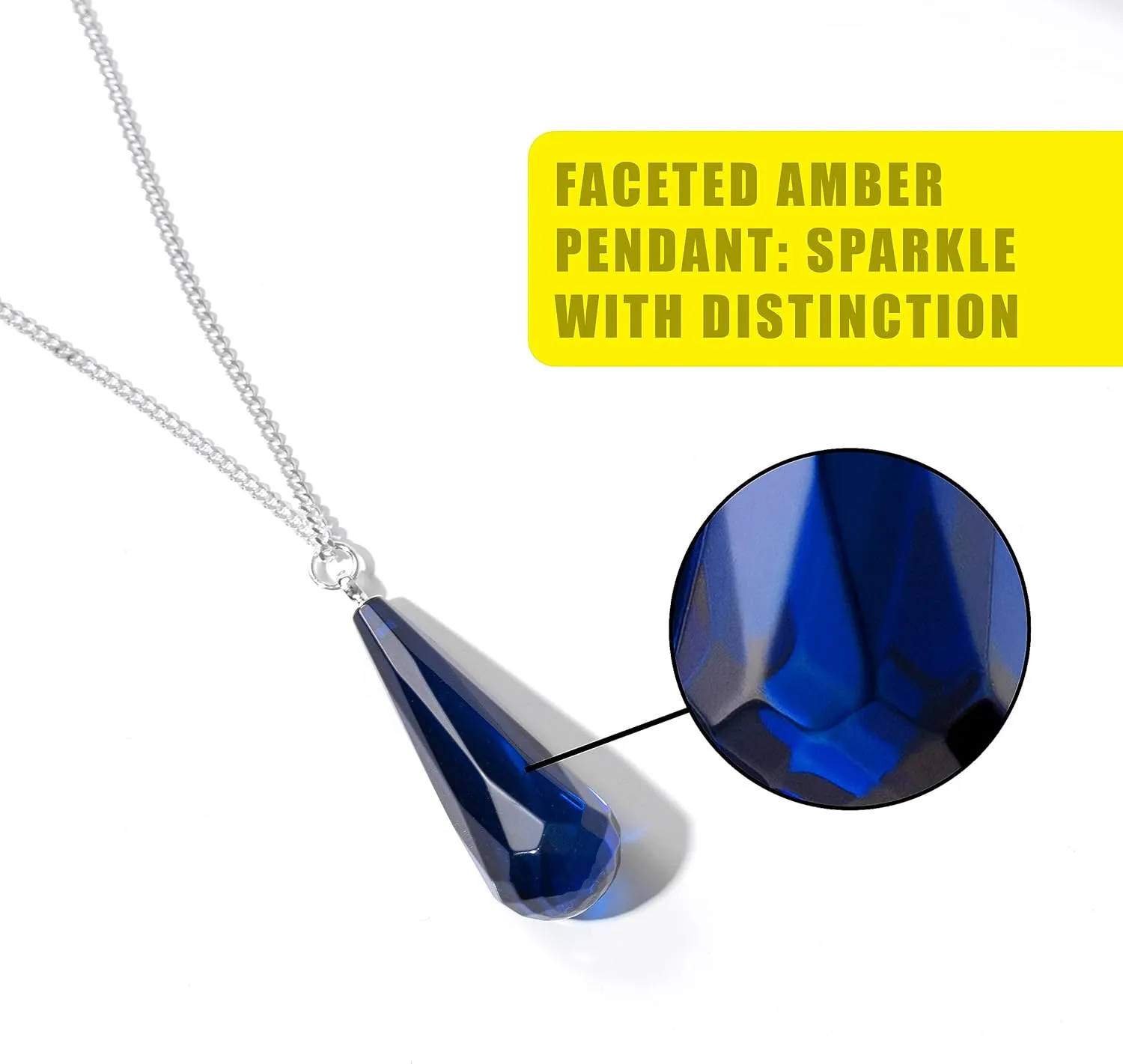 Blue Amber Pendant Necklace for Women, Gold Plated Sterling Silver Chain, Dark Blue Gemstone Drop Pendant, Dainty Ladies Jewelry