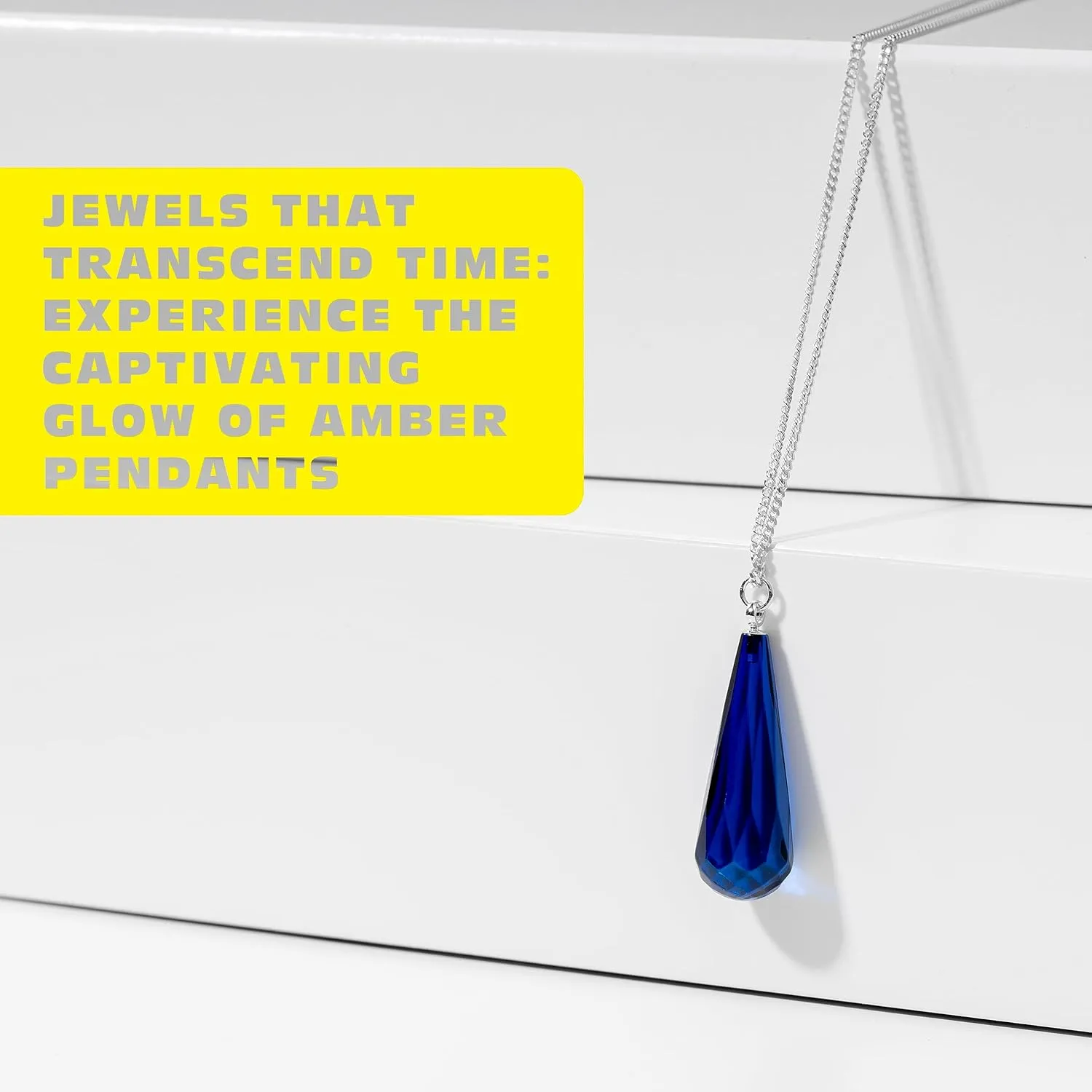 Blue Amber Pendant Necklace for Women, Gold Plated Sterling Silver Chain, Dark Blue Gemstone Drop Pendant, Dainty Ladies Jewelry