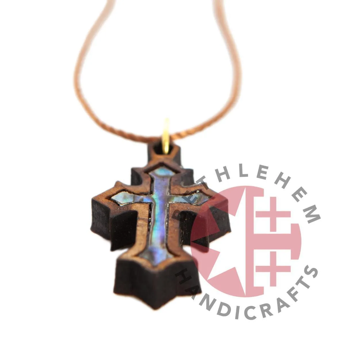 Blue-Green Mother of Pearl Cross Necklace with a Decorative Olive Wood Frame