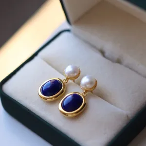 Blue Lapis Lazuli Button Pearl Drop Earrings Blue Lapis Lazuli Button Pearl Drop Earrings