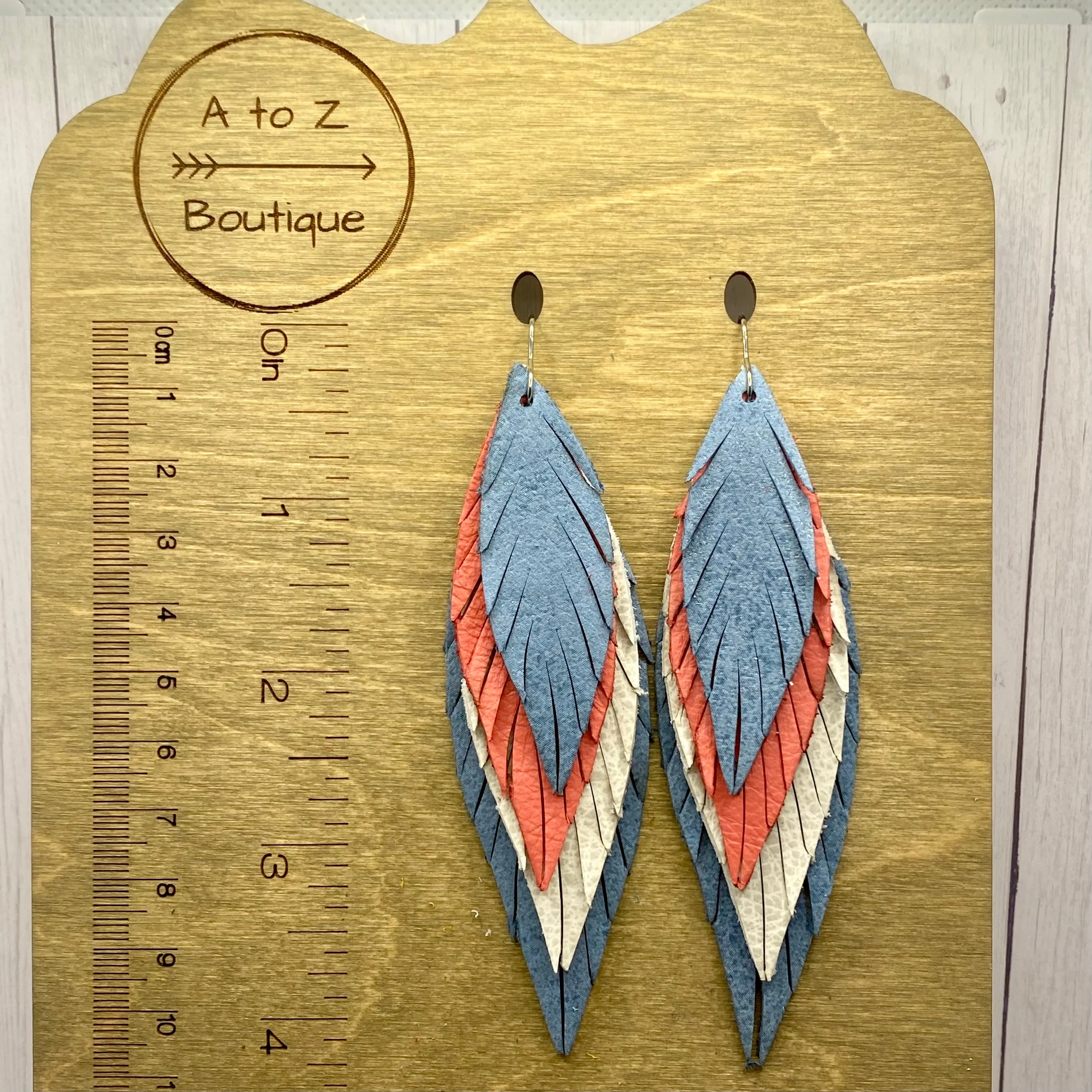 Blue Off White & Coral Large Leather Skinny Feather Earrings