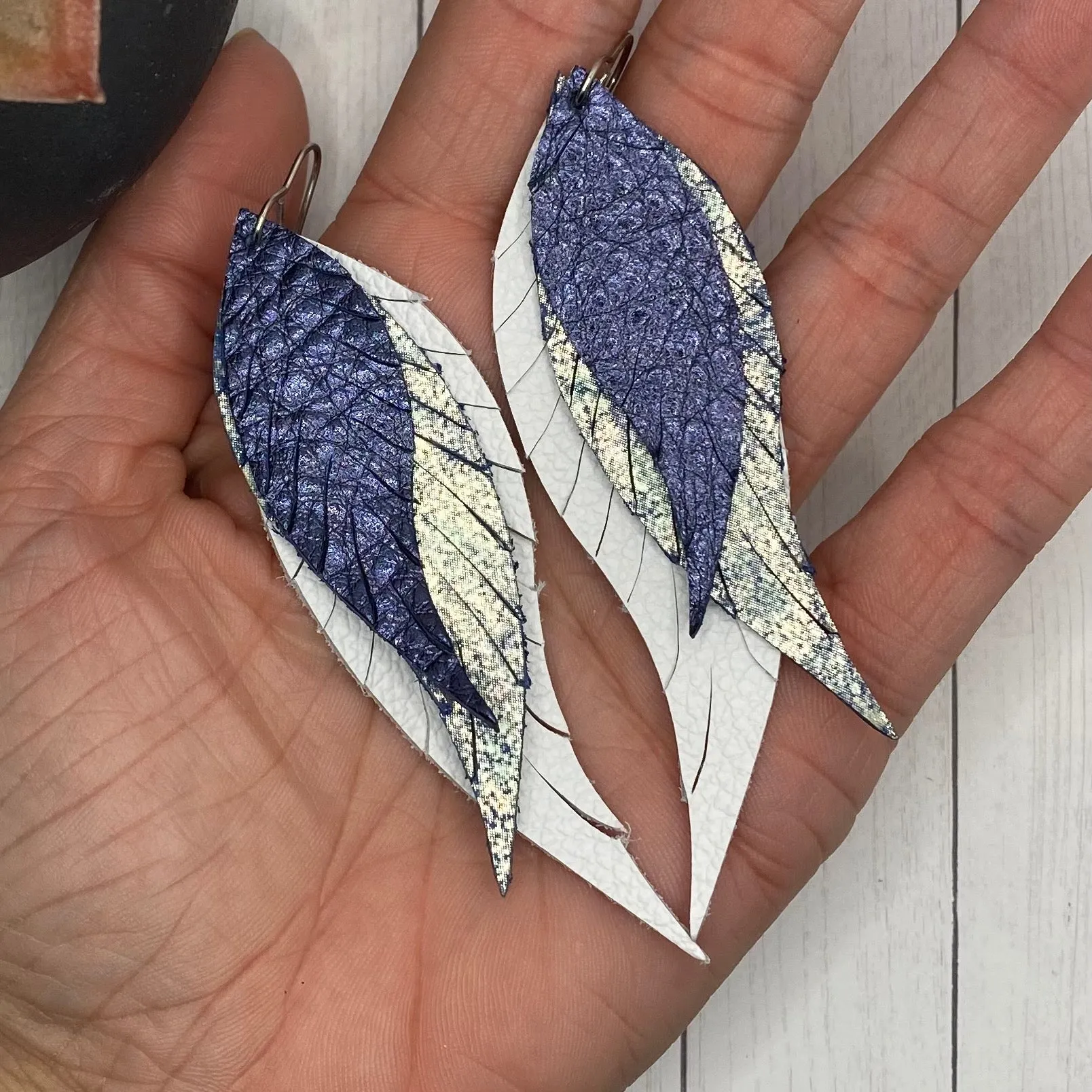 Blue Ombre Leather Feather Earrings