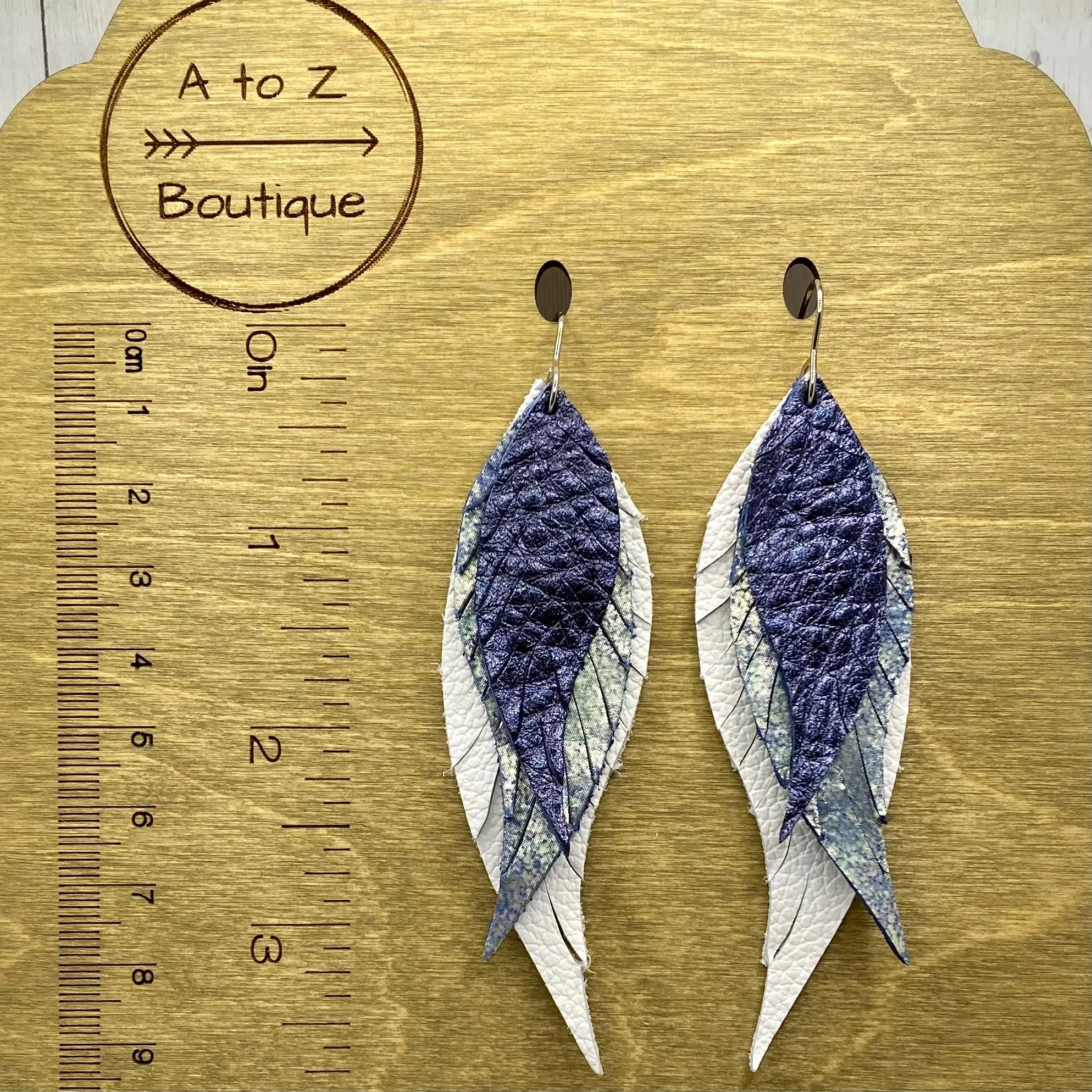 Blue Ombre Leather Feather Earrings