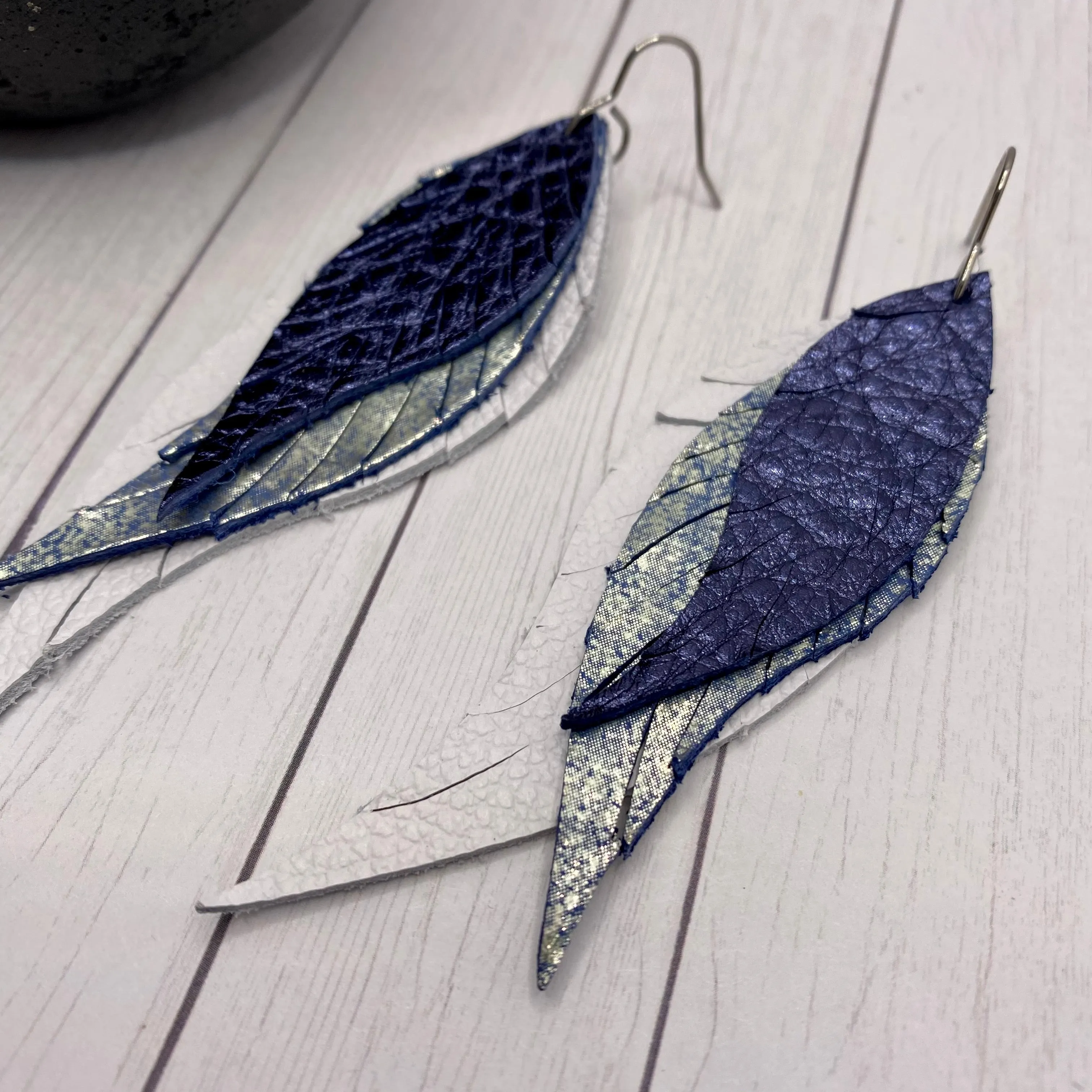 Blue Ombre Leather Feather Earrings