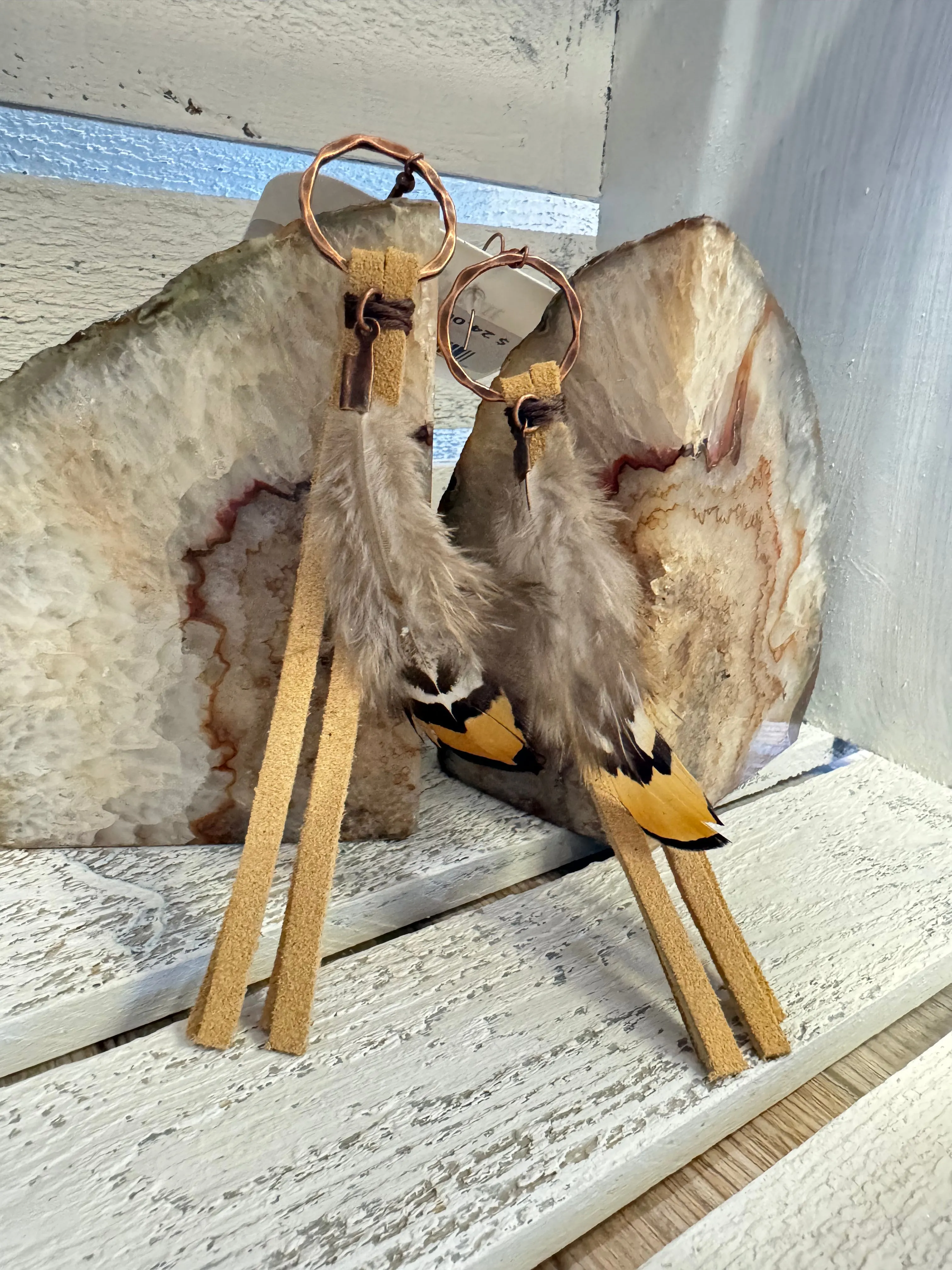 Boho Deer Skin Leather Tassel Earrings with Feather