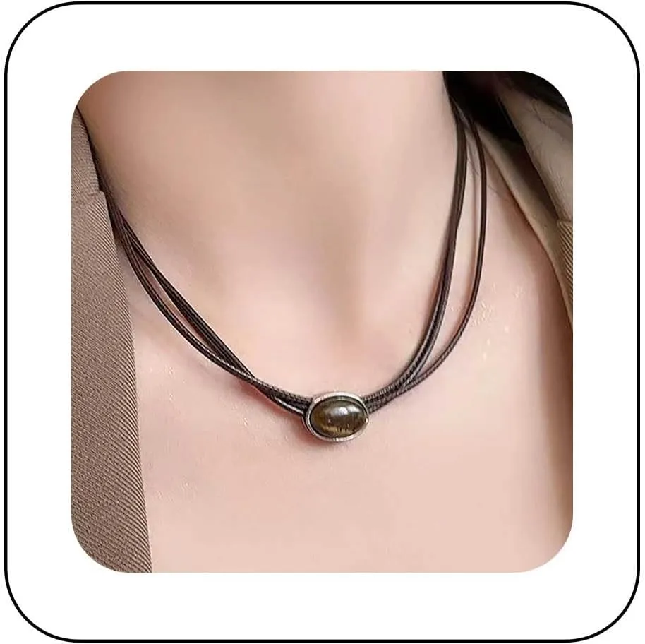 Boho Layered Leather Choker Necklace Black Leather Rope Necklace Vintage Opal Oval Necklace Multilayered Amber Opal Oval Necklace Jewelry for Women
