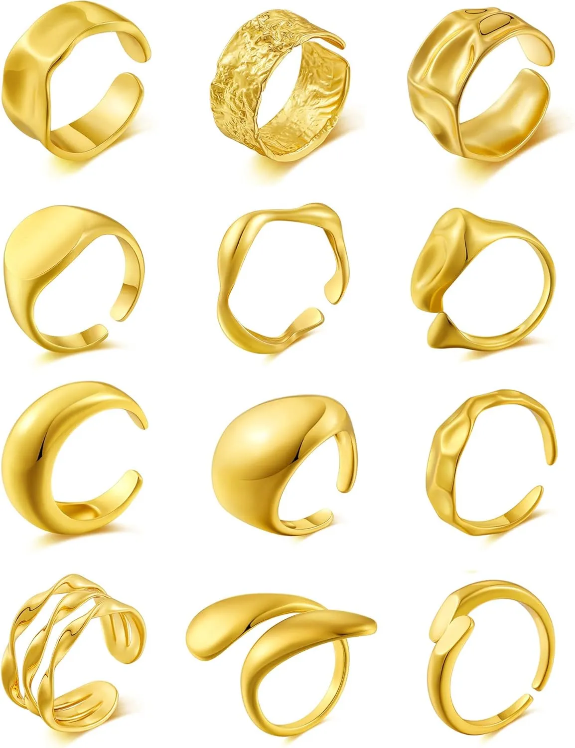BOMAIL 12PCS Gold Dome Chunky Rings for Women, 18K Gold Plated Croissant, Braided Twisted, Stacking Round Signet, Adjustable Open Styles