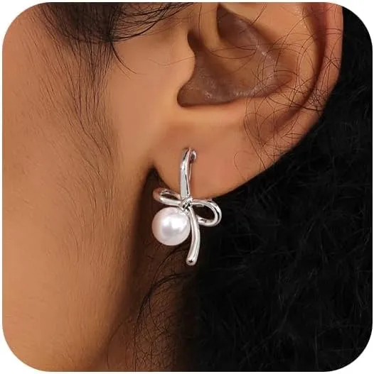 Bow Clip On Earrings for Women, Non- pierced Clip on Earrings 14K Gold/925 Silver Plated Dangle White Pearl Clip On Earrings Minimalist Jewelry Wedding Christmas Gift