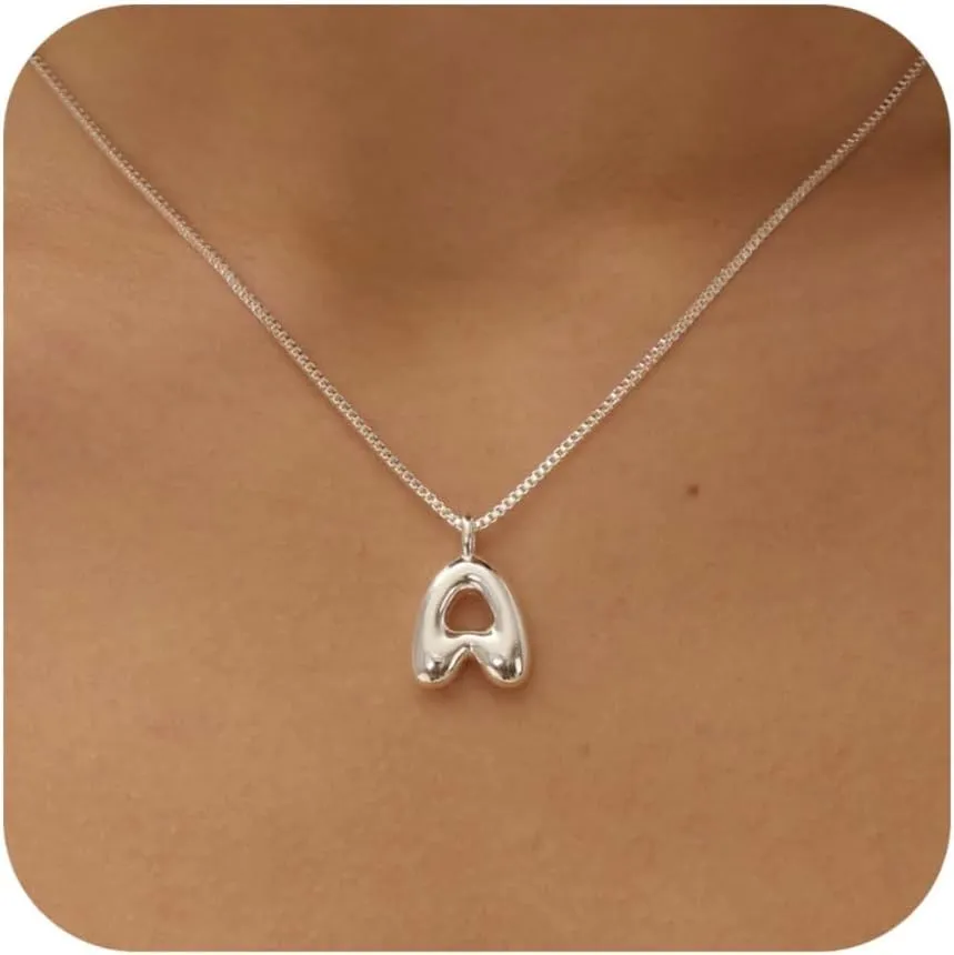 Bubble Gold Silver Letter Necklace Initial Necklaces for Women Trendy 14K Dainty Charm Pendant Name Necklace Personalized Jewelry Gift for Women Teen