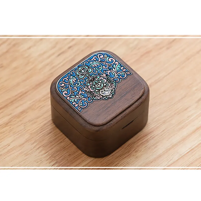 Buddha Stones Retro Handmade Black Walnut Wood Ring Jewelry Storage Box Leaf Wooden Gift Box