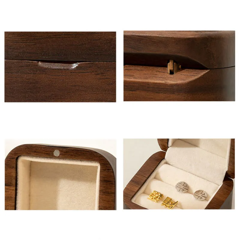 Buddha Stones Retro Handmade Black Walnut Wood Ring Jewelry Storage Box Leaf Wooden Gift Box