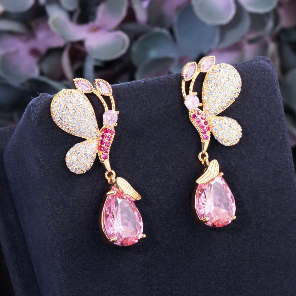 Butterfly and Waterdrop Pink CZ Crystal Gold Plated Long Drop Earring for Women