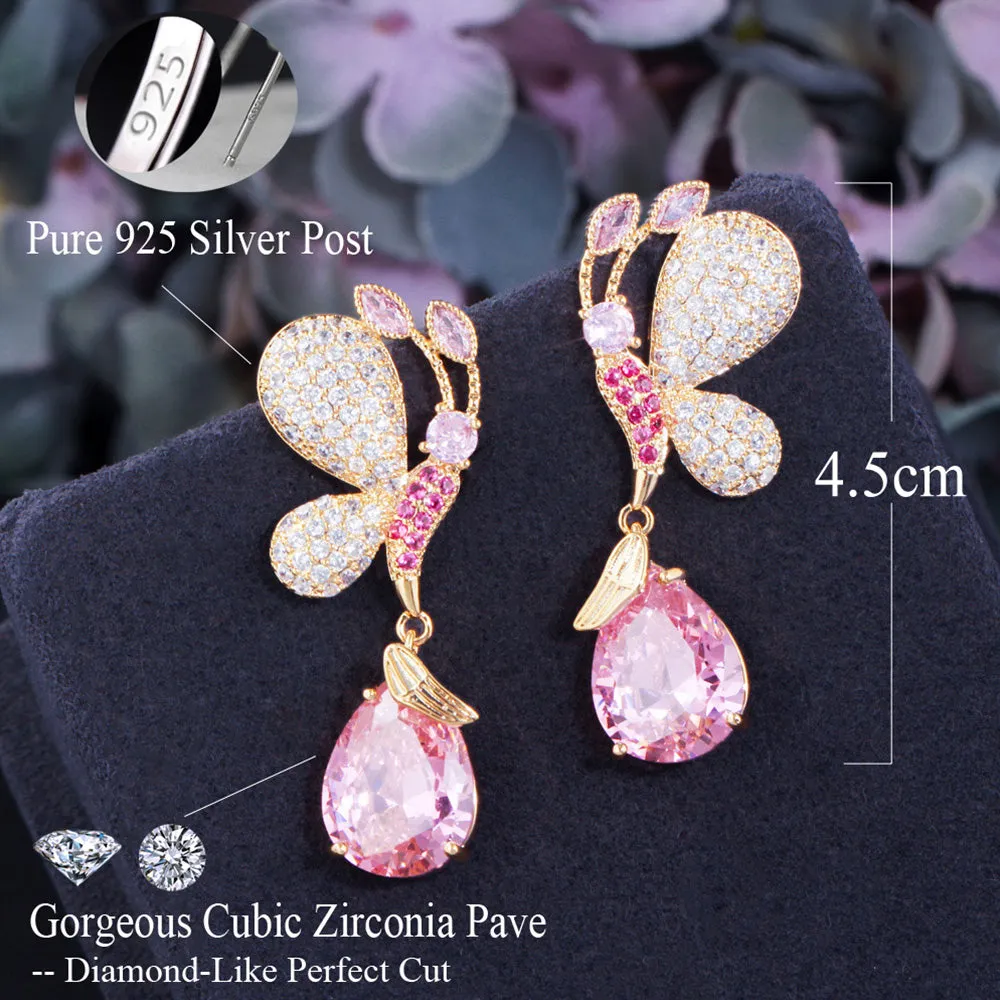 Butterfly and Waterdrop Pink CZ Crystal Gold Plated Long Drop Earring for Women