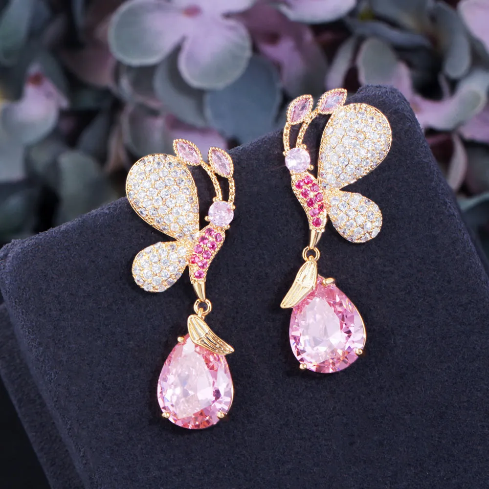 Butterfly and Waterdrop Pink CZ Crystal Gold Plated Long Drop Earring for Women