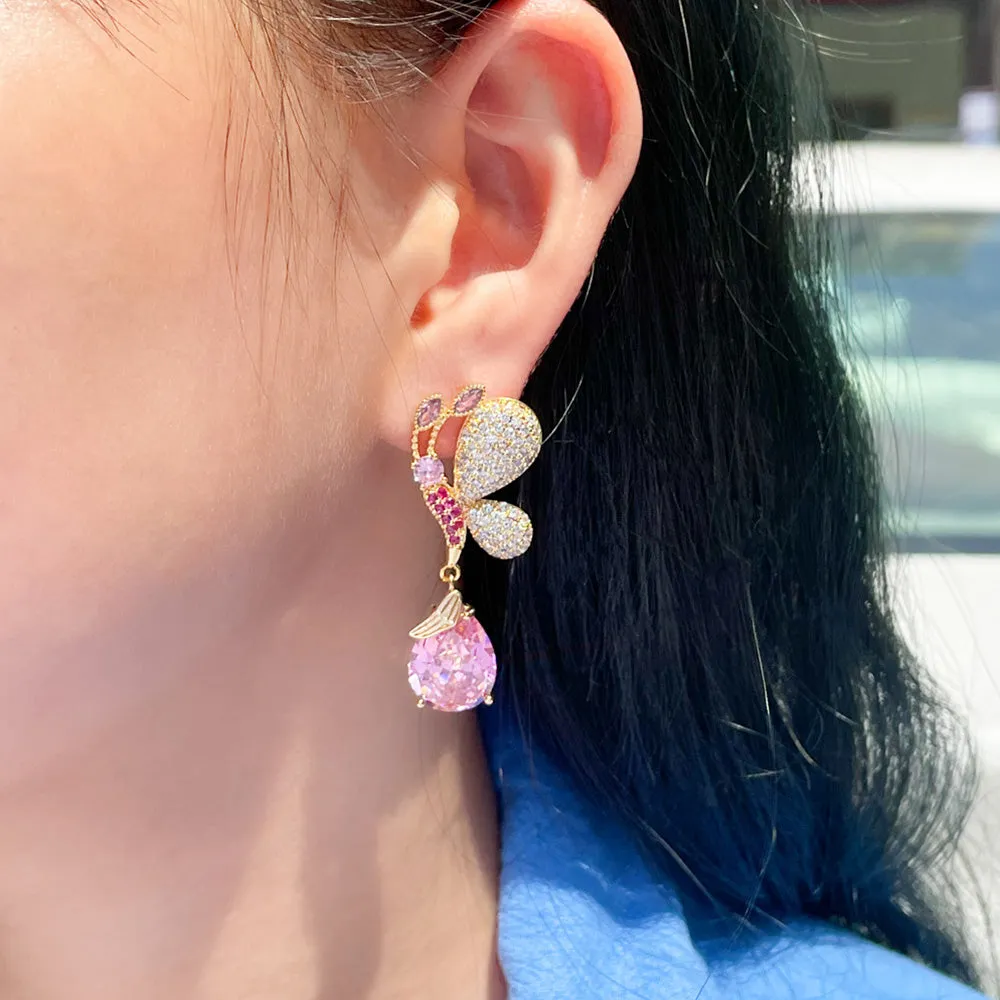 Butterfly and Waterdrop Pink CZ Crystal Gold Plated Long Drop Earring for Women
