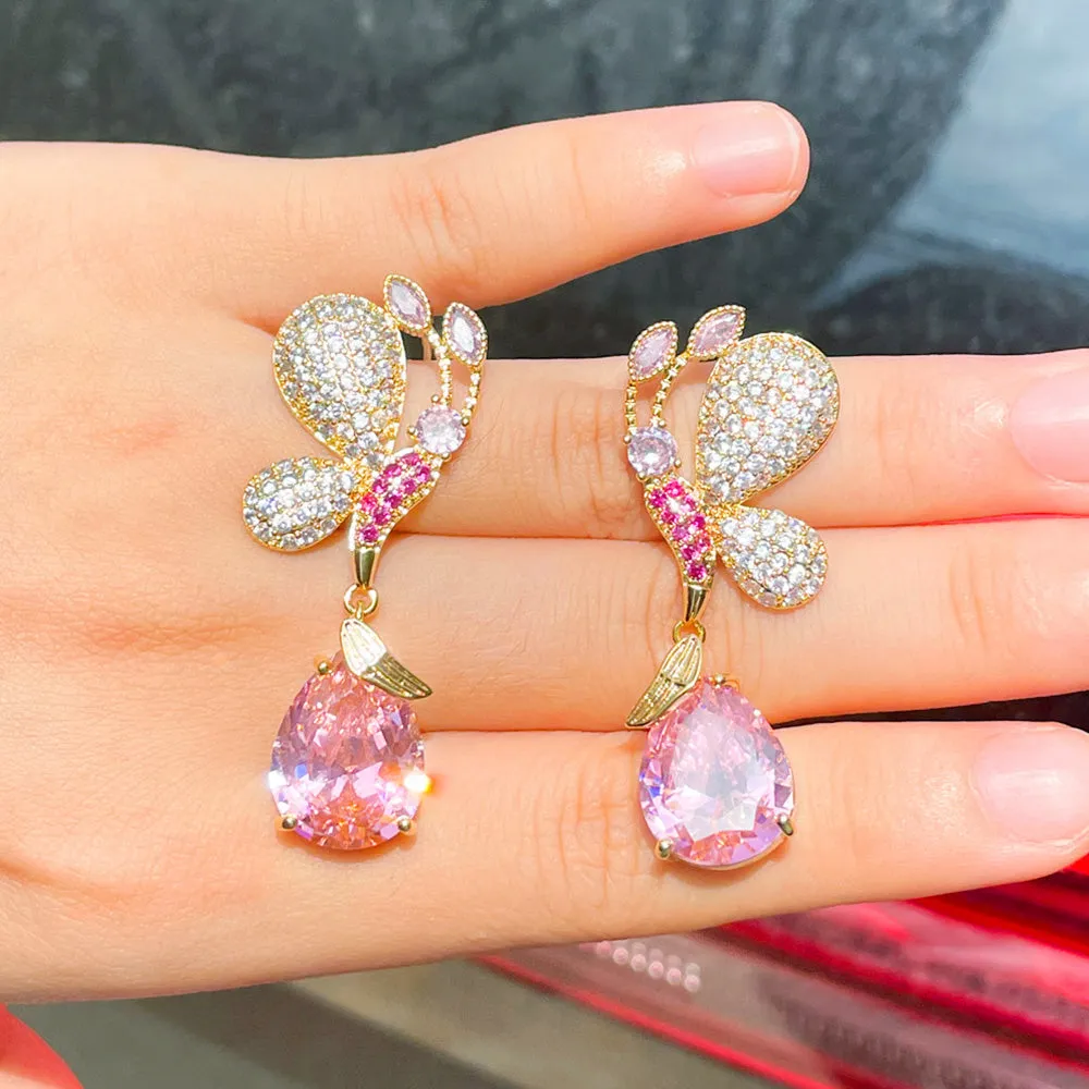 Butterfly and Waterdrop Pink CZ Crystal Gold Plated Long Drop Earring for Women