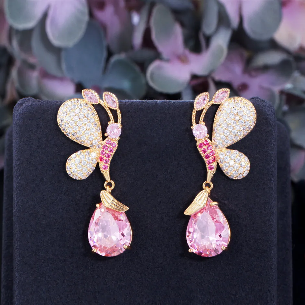 Butterfly and Waterdrop Pink CZ Crystal Gold Plated Long Drop Earring for Women