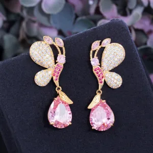 Butterfly and Waterdrop Pink CZ Crystal Gold Plated Long Drop Earring for Women