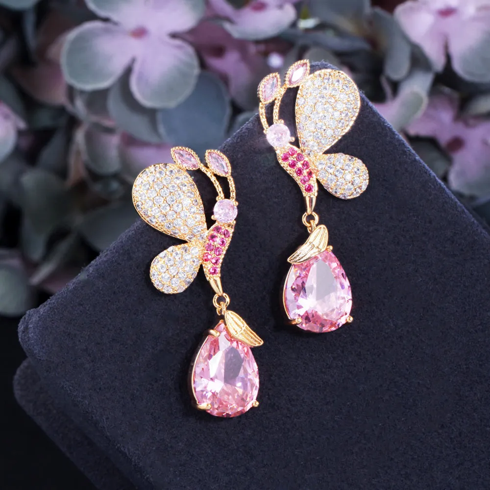 Butterfly and Waterdrop Pink CZ Crystal Gold Plated Long Drop Earring for Women