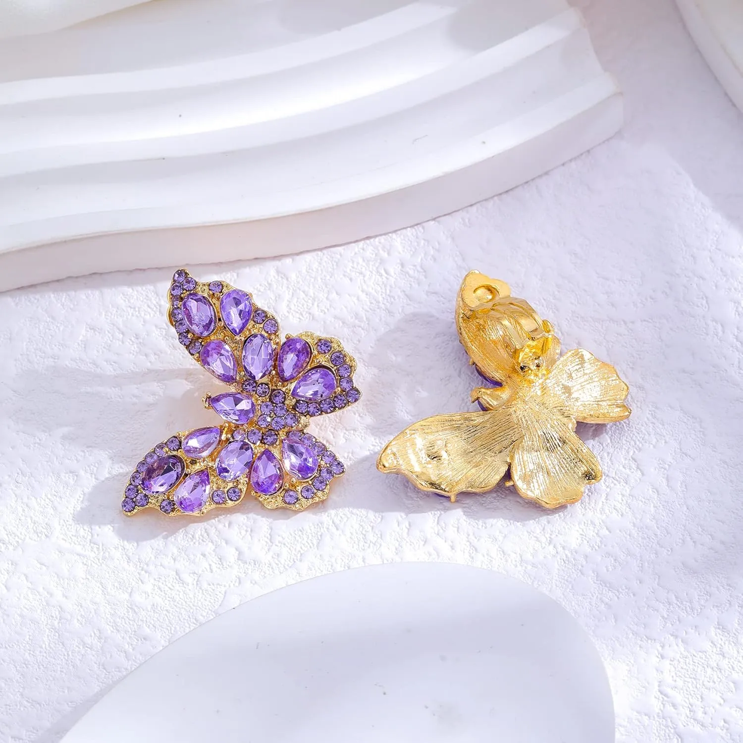 Butterfly Gold Clip on Earrings Statement Rhinestone Crystal Sparkly Clip on Earrings for Women Hypoallergenic Non-Pierced Clip on Dangle Earrings Women Birthday Xmas Valentine's Day Gifts