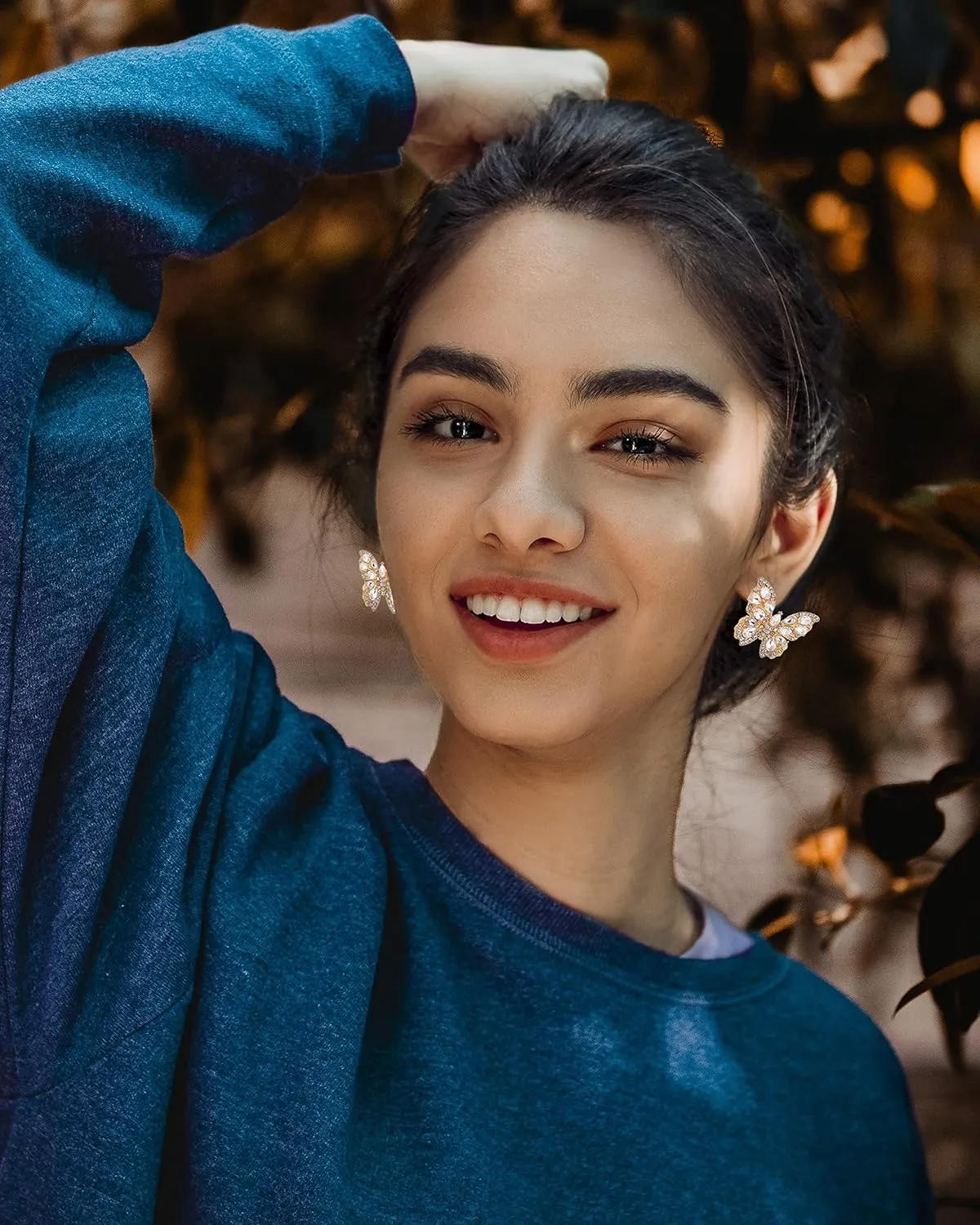 Butterfly Gold Clip on Earrings Statement Rhinestone Crystal Sparkly Clip on Earrings for Women Hypoallergenic Non-Pierced Clip on Dangle Earrings Women Birthday Xmas Valentine's Day Gifts