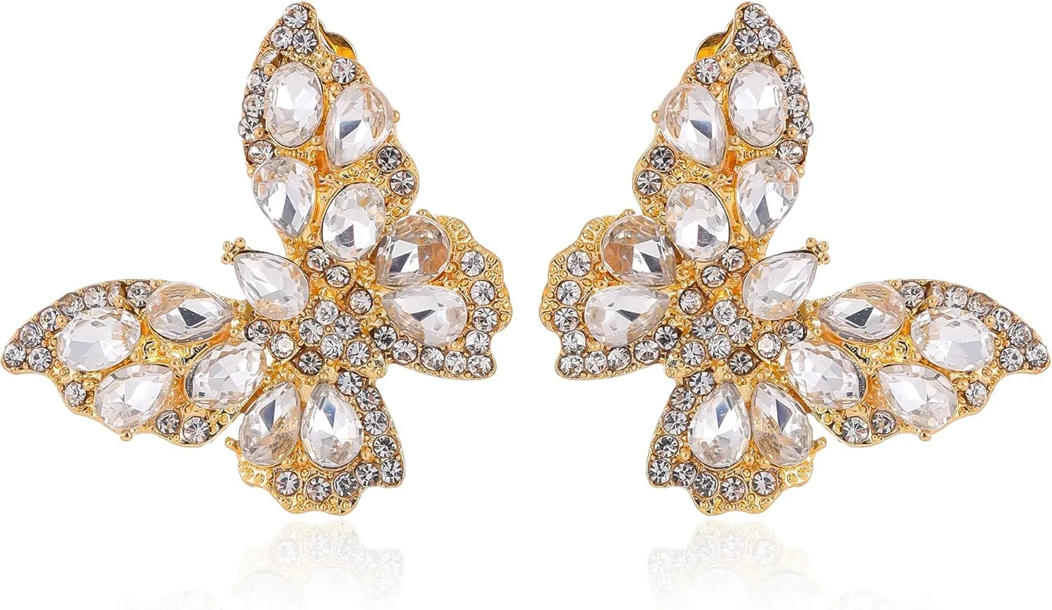 Butterfly Gold Clip on Earrings Statement Rhinestone Crystal Sparkly Clip on Earrings for Women Hypoallergenic Non-Pierced Clip on Dangle Earrings Women Birthday Xmas Valentine's Day Gifts