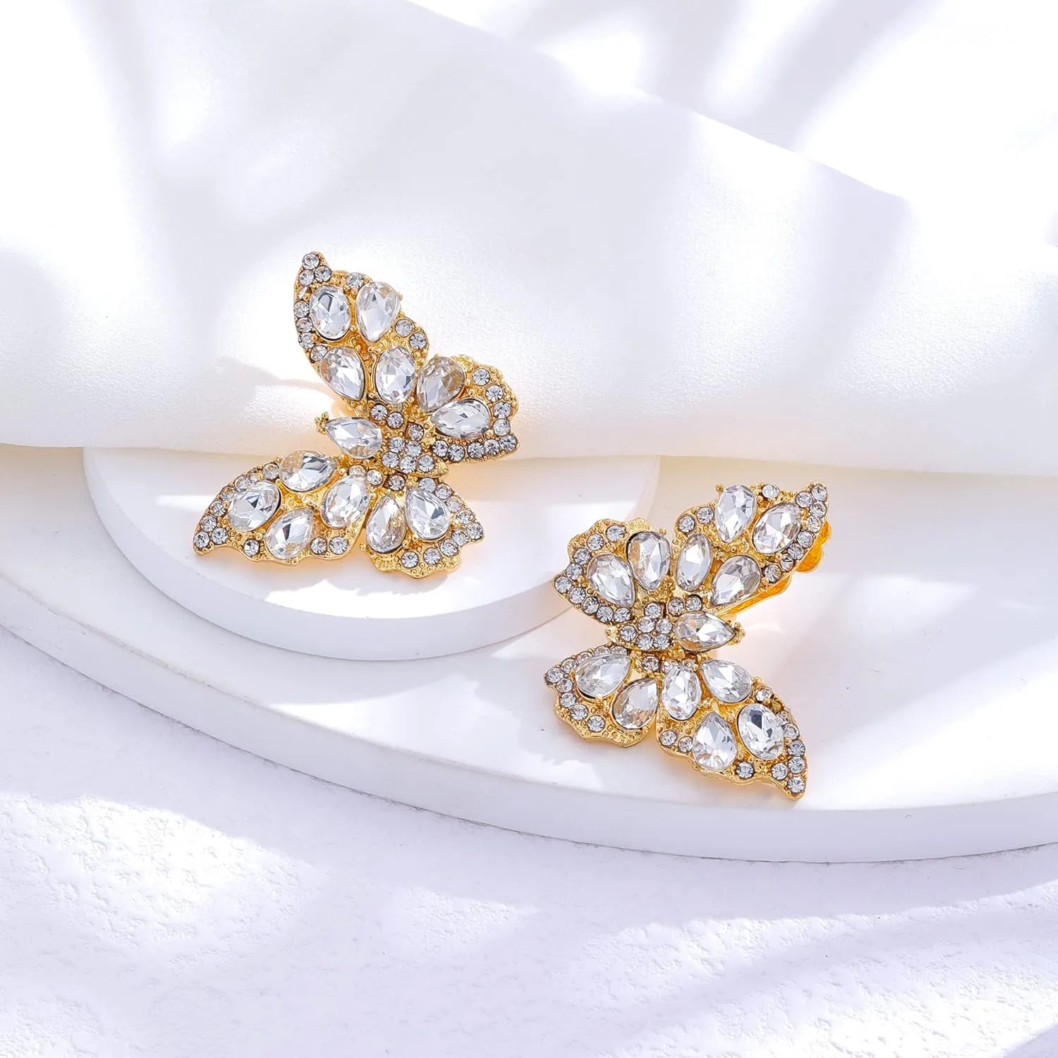 Butterfly Gold Clip on Earrings Statement Rhinestone Crystal Sparkly Clip on Earrings for Women Hypoallergenic Non-Pierced Clip on Dangle Earrings Women Birthday Xmas Valentine's Day Gifts