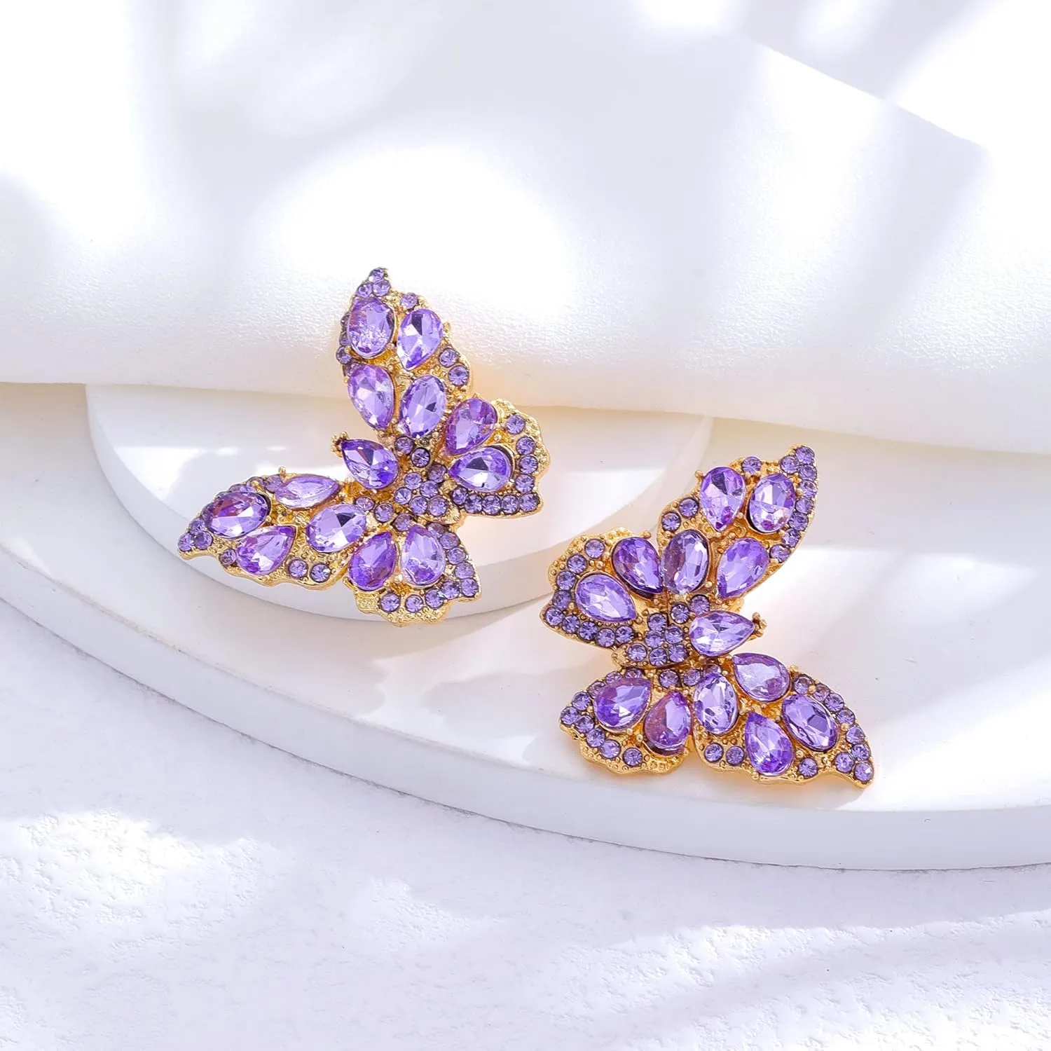 Butterfly Gold Clip on Earrings Statement Rhinestone Crystal Sparkly Clip on Earrings for Women Hypoallergenic Non-Pierced Clip on Dangle Earrings Women Birthday Xmas Valentine's Day Gifts