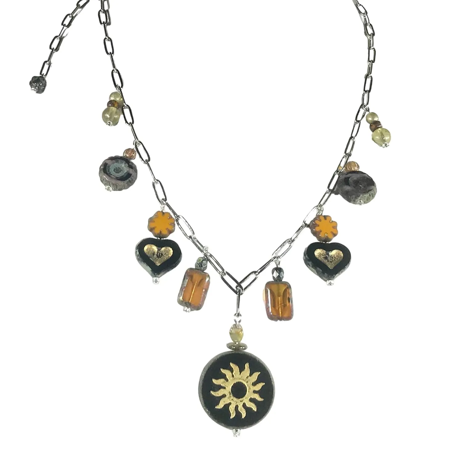 CariCat Designs Handmade Boho Chic Stunning Black and Gold Sun Czech Glass Medallion with Amber and Black/Gold Heart Czech Glass Charm Necklace Pendant - Extension Chain with Accent Beading
