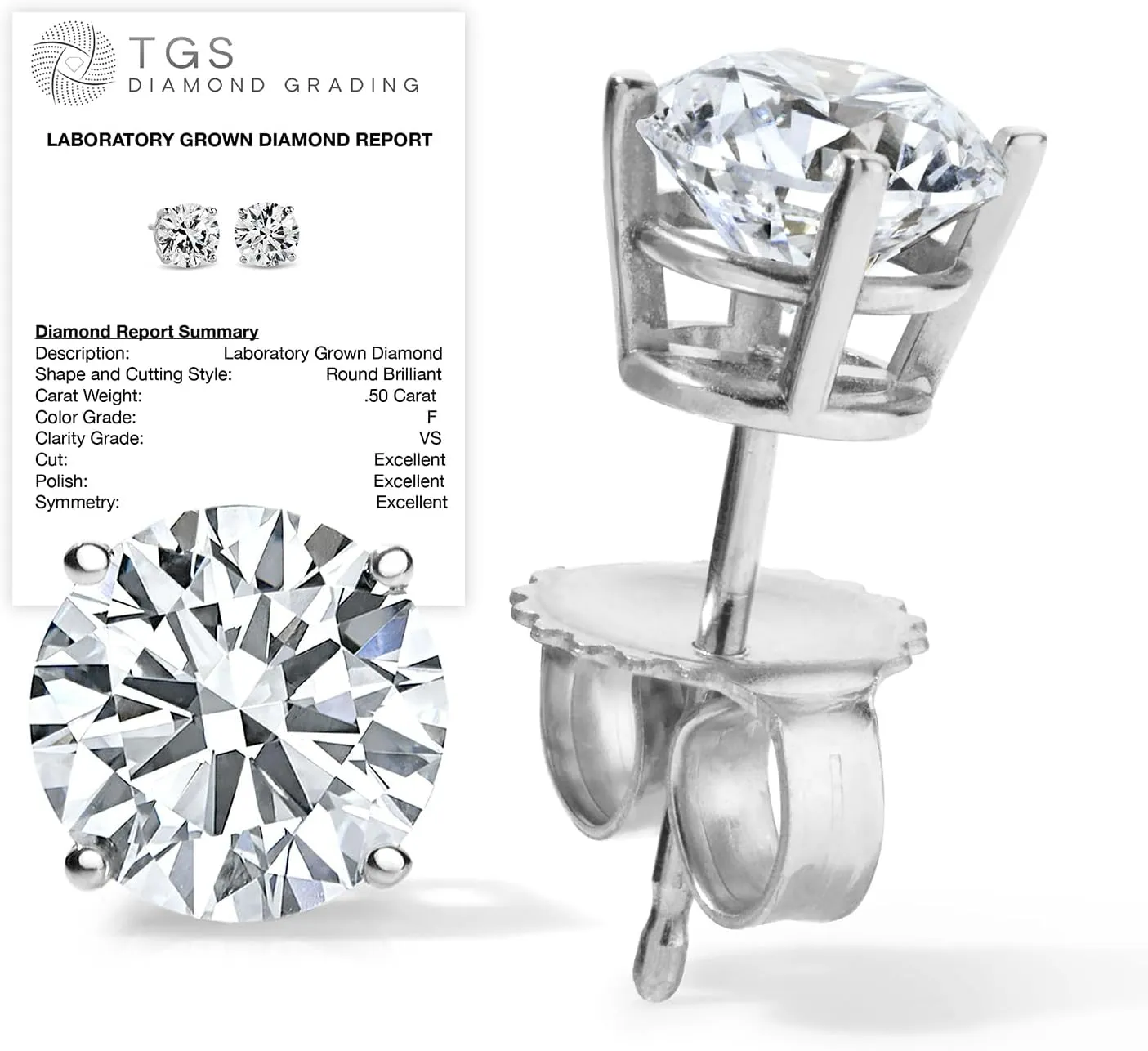Certified 1/4-3.0 Carat Lab Grown Diamond Earrings in 14K Gold, Premium Collection of Diamond Stud Earrings for Women and Men, Quality Studs in Exceptional Color/Clarity