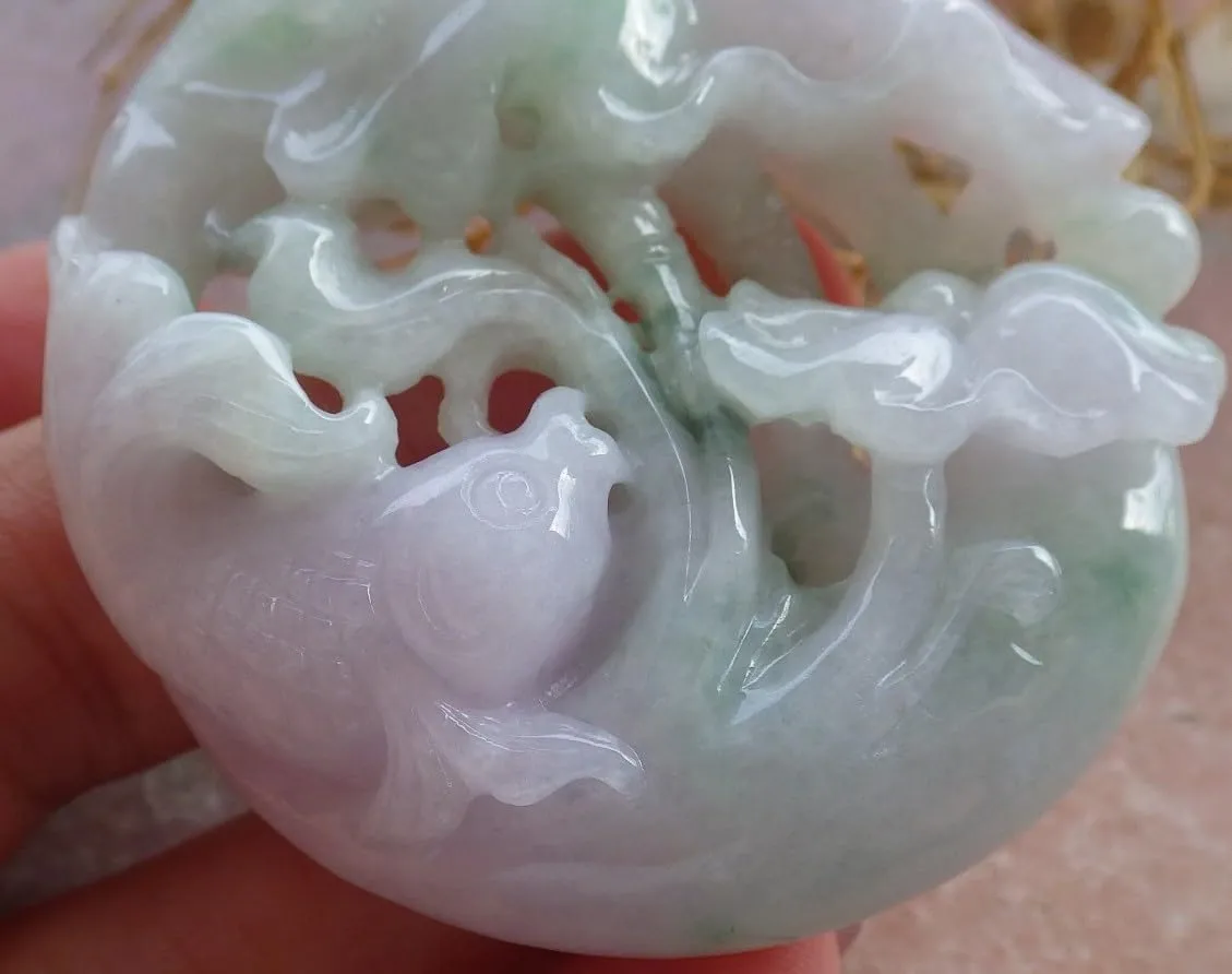 Certified Green A Jade jadeite Pendant Fish Crab Lotus ???????? 682742 AS