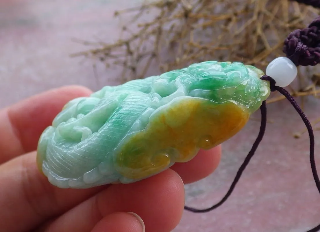 Certified Green Yellow Burma A Jade jadeite Pendant Dragon Lotus ?????? 665948 AS